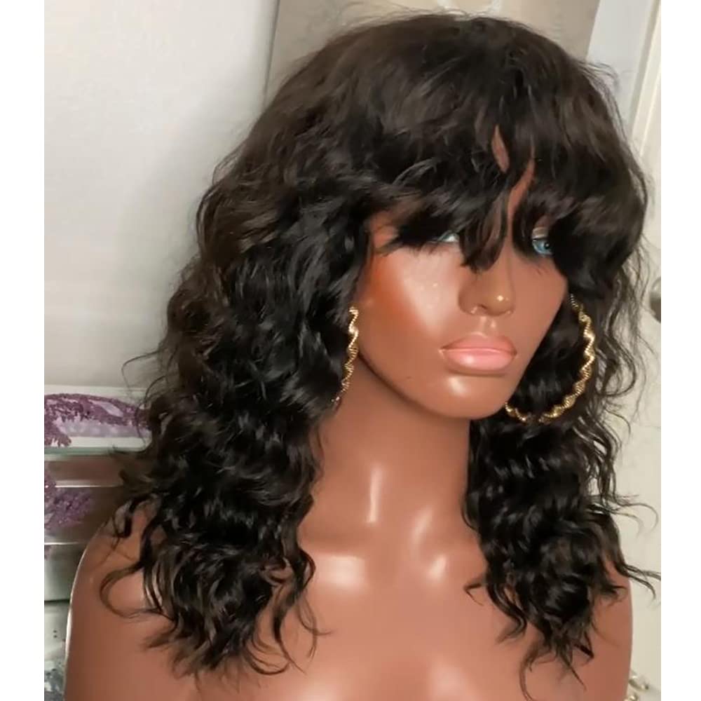 180 Density Deep Wave Wig with Bangs - O Scalp Top Full Machine Made Human Hair Brazilian Wig for Women (18 Inch) - Perfect for Daily Wear, Parties & Special Occasions