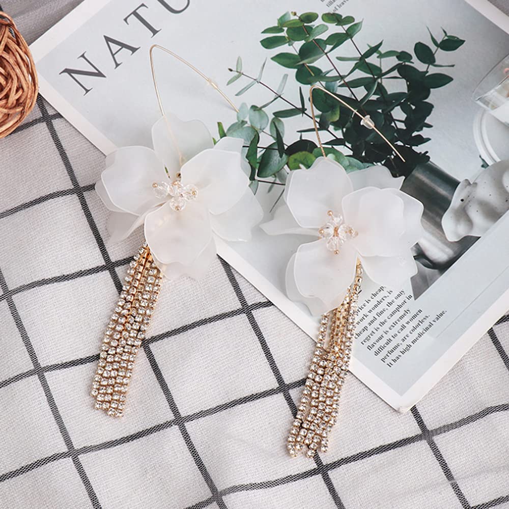 Boho Flower Petal Dangle Drop Earrings for Women - Gold Rhinestone Tassel Chain Fringe Acrylic Resin Floral Earrings - Crystal Statement Bridal Hoop Earrings for Wedding, Party & Special Occasions (White)