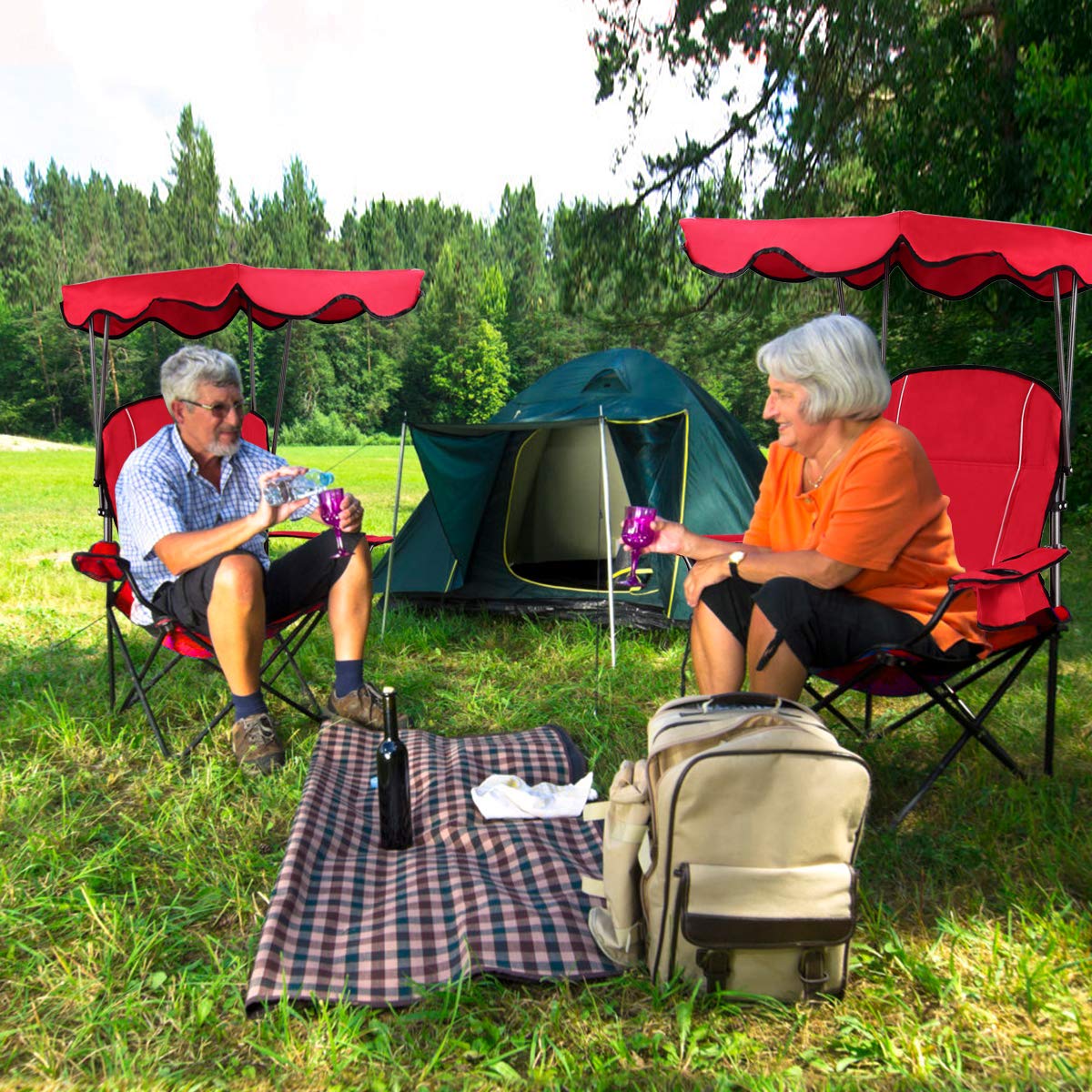 GYMAX Portable Folding Camping Chair with Canopy - Heavy Duty Outdoor Lawn Chair with Carry Bag & Cup Holder - Perfect for Camping, Beach, Picnic, Travel, Soccer Games and Backyard Relaxation