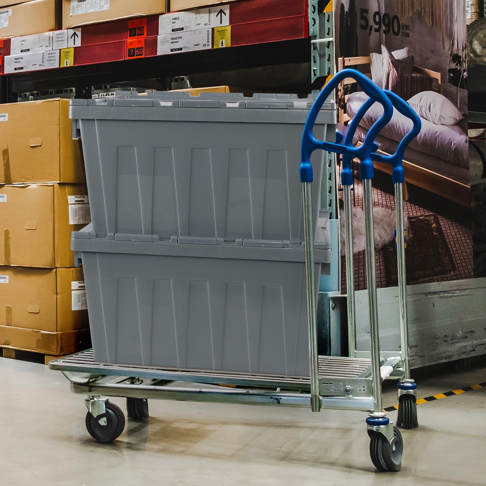 15 Gallon Heavy-Duty Storage Container with Hinged Lid - Industrial Plastic Storage Tote Bin (4-Pack) - Perfect for Warehouse, Garage Organization & Bulk Item Storage