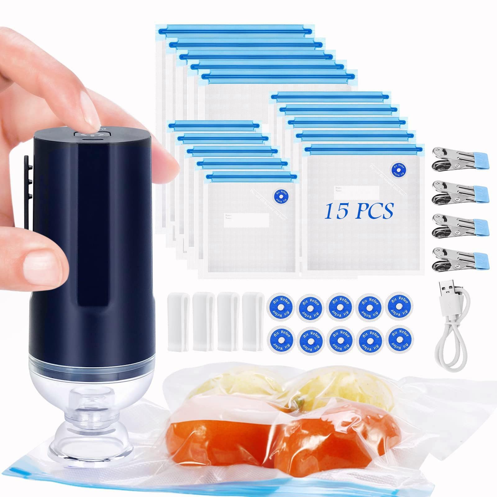 2023 Upgraded 35-Piece Sous Vide Vacuum Sealer Kit - Electric Handheld Food Sealer Machine with Reusable Storage Bags for Anova & Joule Cookers - Includes 15 Vacuum Bags, 4 Cooking Clips, 4 Sealing Clips & 10 Air Valves - Perfect for Thanksgiving Meal Prep & Sous Vide Cooking at Home