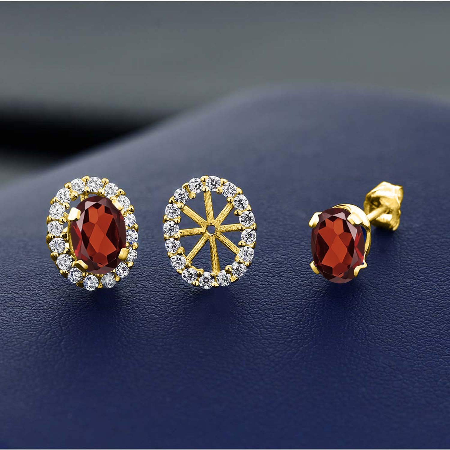 18K Yellow Gold Plated Silver Oval Red Garnet Stud Earrings for Women | Gem Stone King | Elegant Removable Jacket Earrings for Parties, Weddings & Everyday Wear
