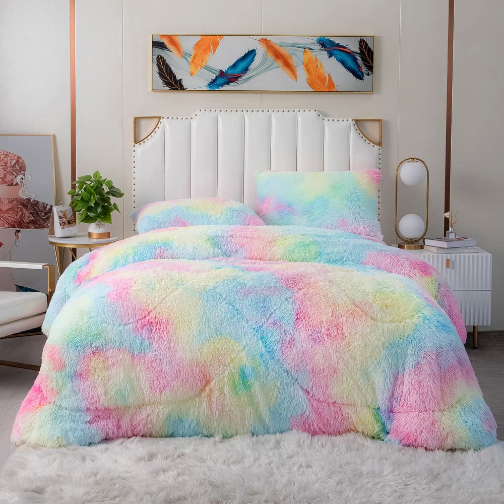 Luxury Faux Fur Comforter Set Full/Queen Size - Ultra Soft Rainbow Pink Fluffy Fuzzy Microfiber Bedding with 2 Pillowcases | Cozy Winter Bedding for Girls Room, Dorm & Home Decor