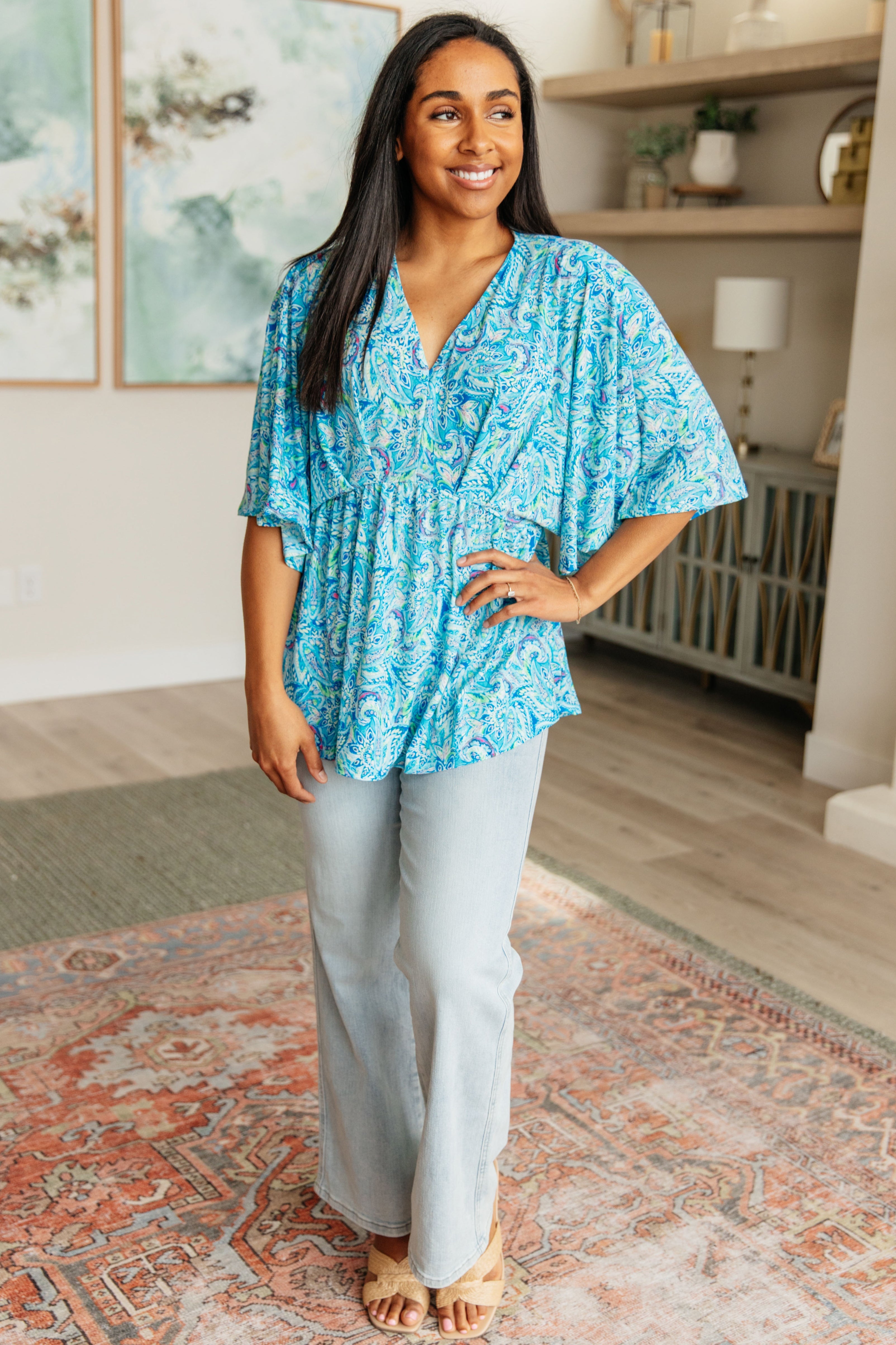 Dreamer Peplum Top - Blue & Teal Paisley Print Women's Blouse | Perfect for Casual Outings, Date Nights & Office Wear