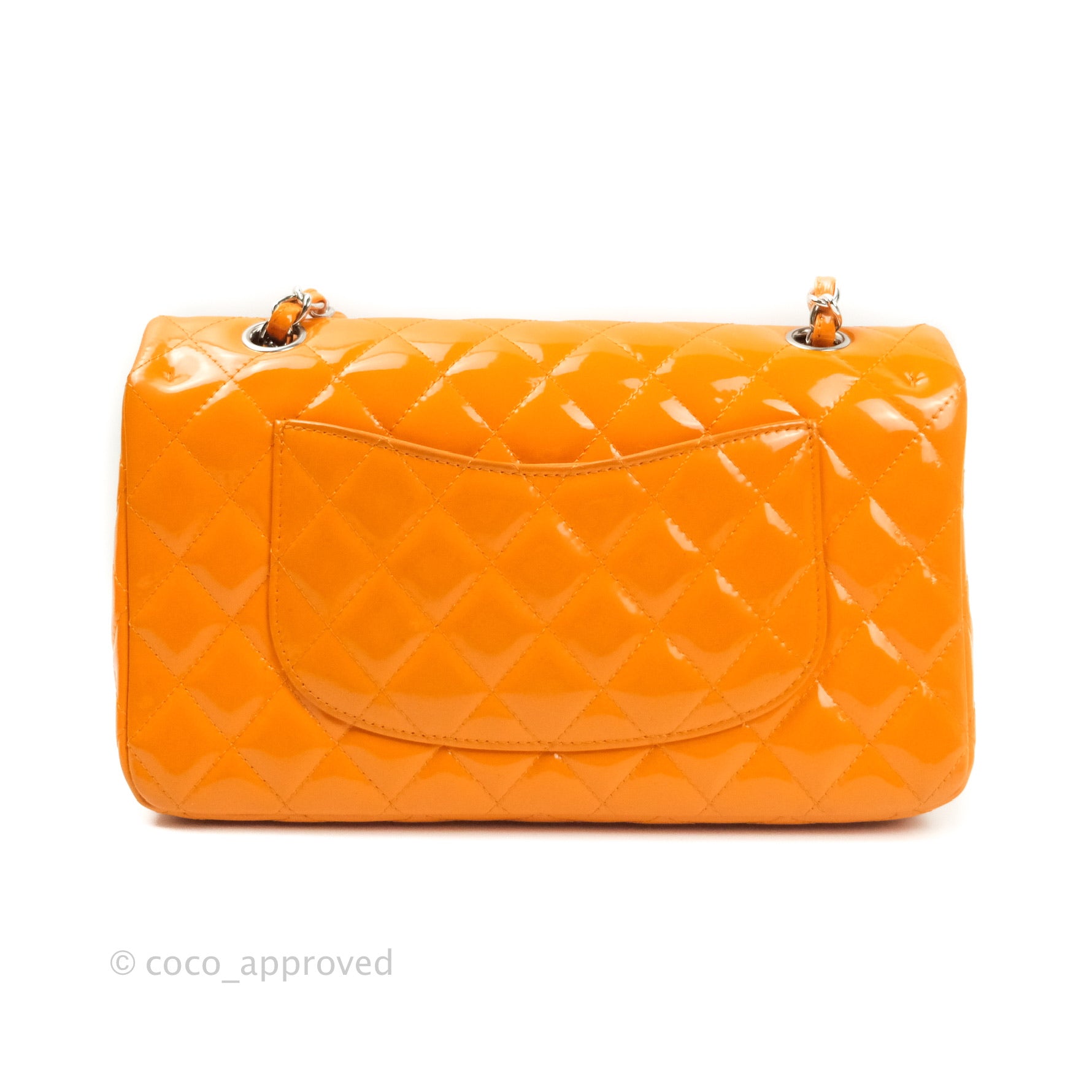 Chanel Classic M/L Medium Double Flap Bag in Orange Patent Leather with Silver Hardware - Perfect for Evening Events & Luxury Fashion Accessories