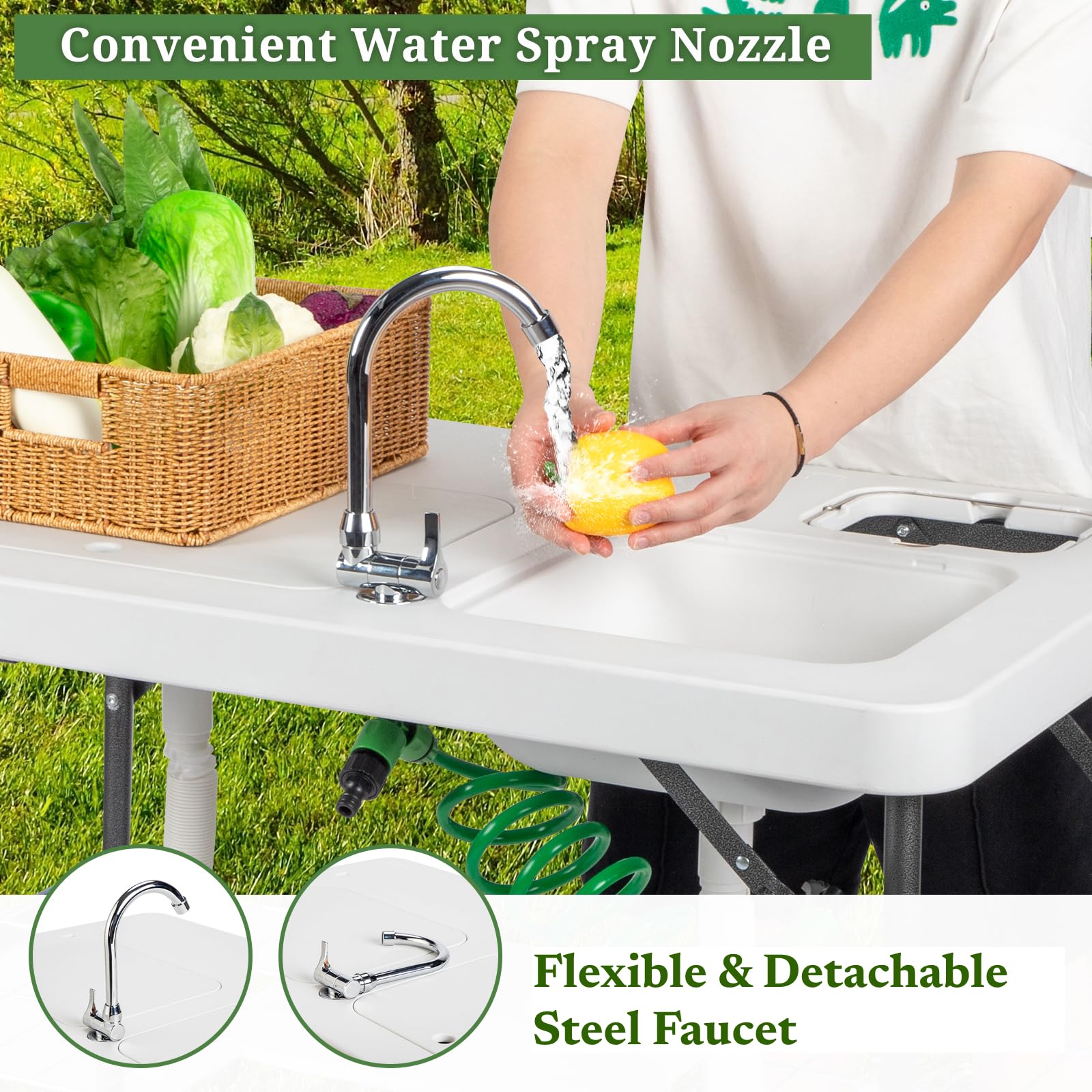 VINGLI Folding Fish Cleaning Table with 2 Stainless Steel Sinks - Portable Outdoor Camping Table with Grid Rack, Sprayer & Drainage Hose - Perfect for Backyard BBQ, Fishing Trips & Camping Kitchen Prep