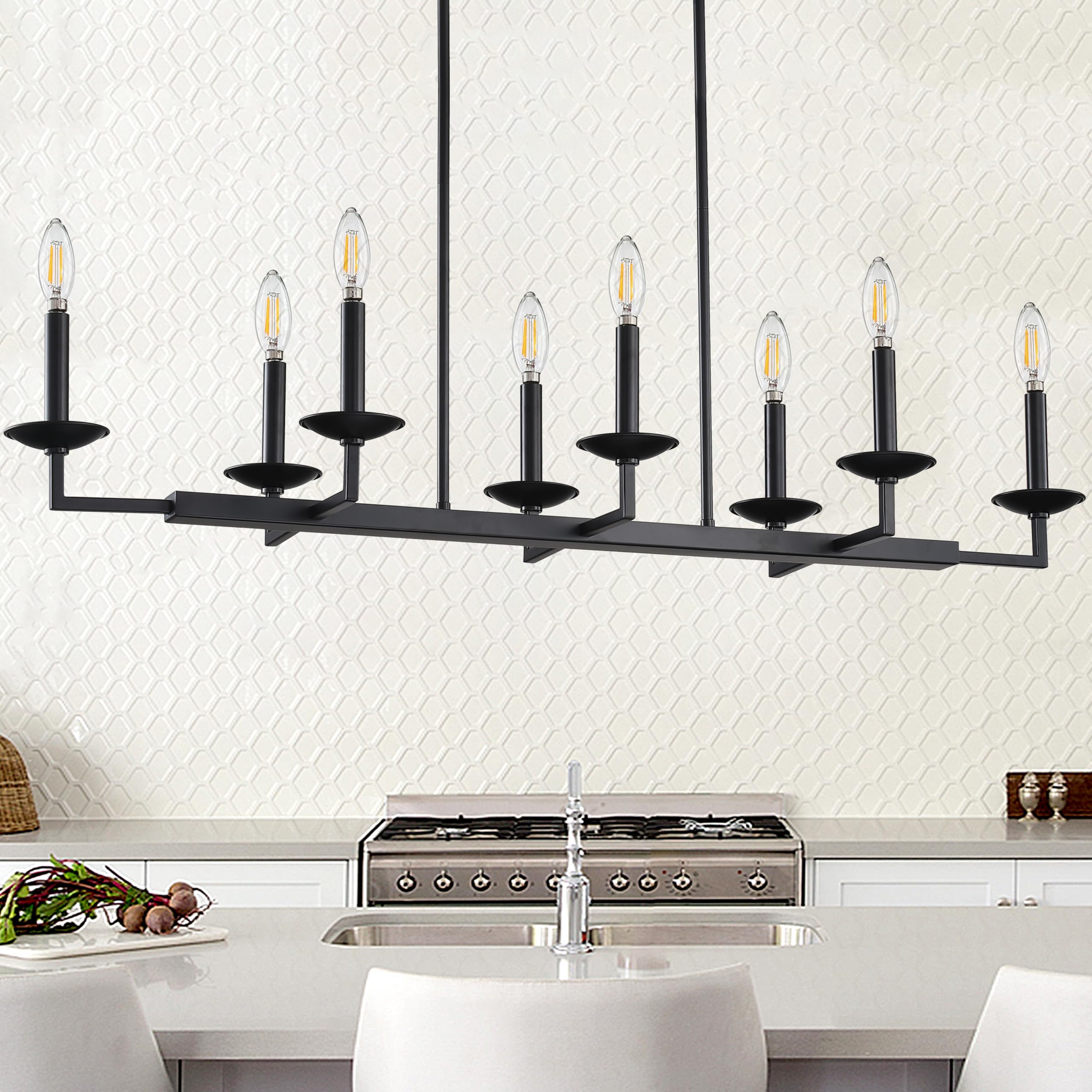 8-Light Linear Kitchen Island Pendant Light - Modern Industrial Chandelier with Black Finish - Rectangular Farmhouse Lighting for Kitchen, Dining Room, Bar & Foyer - Perfect for Open Concept Spaces and Statement Lighting