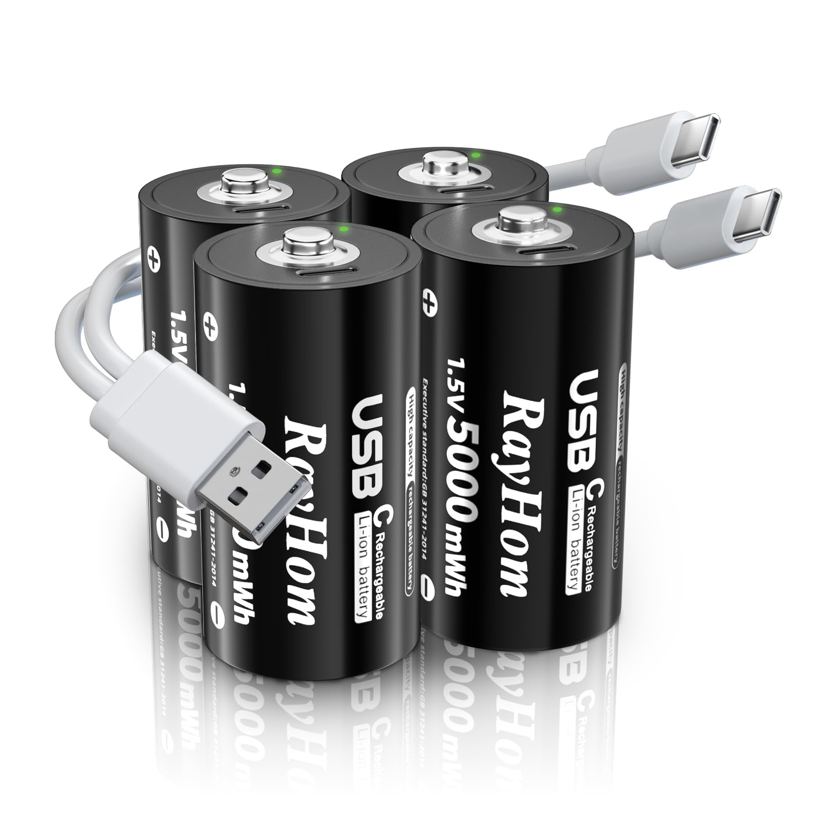 USB Rechargeable Lithium C Batteries 4-Pack - 1.5V 5000mWh Li-ion C Cell Batteries with Fast 2-Hour Charging & 1000+ Cycles, Includes 2-in-1 USB-C Charging Cable - Perfect for Flashlights, Toys, Medical Devices & Emergency Kits