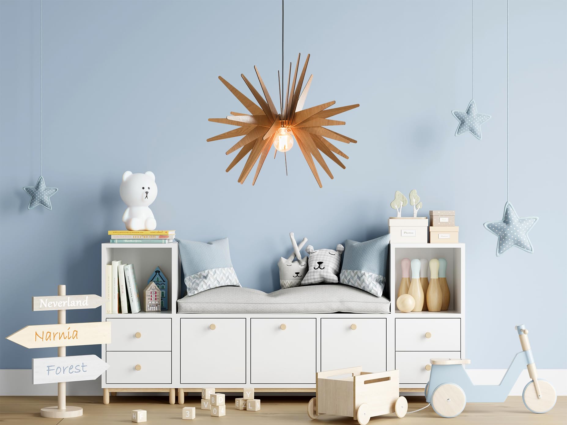 Vintage Wood Pendant Light - Mid Century Modern Chandelier Hanging Lamp with Natural Wood Finish | Wooden Ceiling Light Fixture for Dining Room, Kitchen Island & Bedroom Lighting