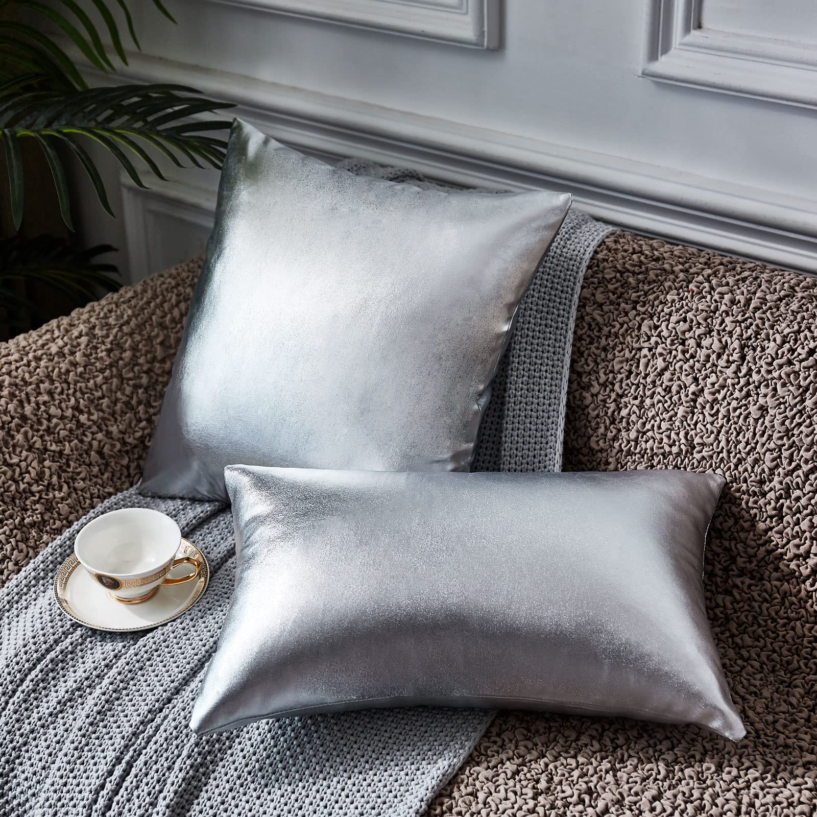EUCIOR Silver Metallic Decorative Throw Pillow Covers 18x18 Inch (Pack of 2) - Modern Shiny Cushion Covers for Sofa, Bedroom, Car & Home Decor - Perfect for Living Room Accents, Bedding Accessories and Vehicle Interior Styling