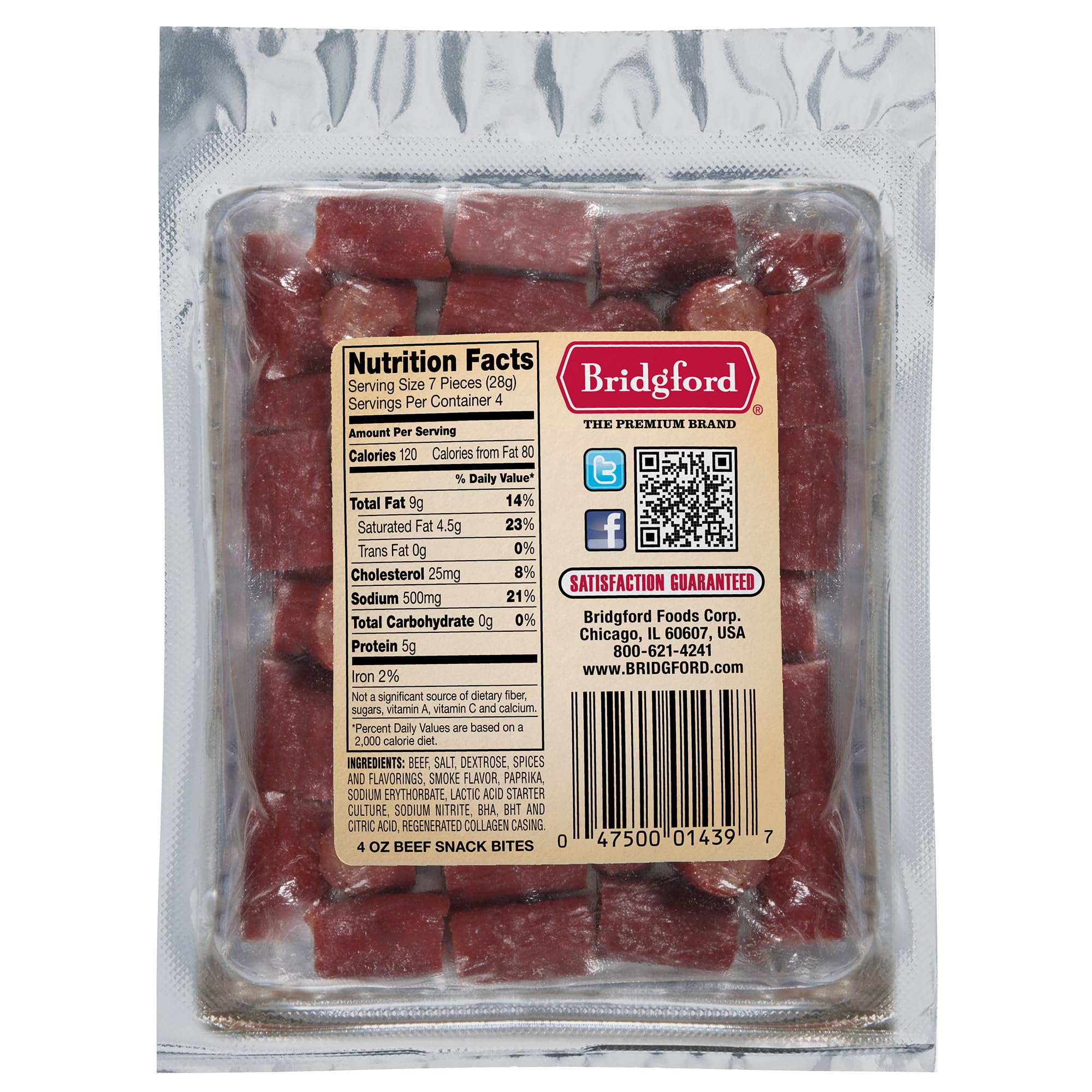 Bridgford Beef Snack Bites 4 oz (Pack of 4) - Gluten Free, Zero Carb, Keto-Friendly Meat Snacks for Adults - High Protein Ready-to-Eat Snacks for Travel, Hiking, Office & On-the-Go Lifestyle