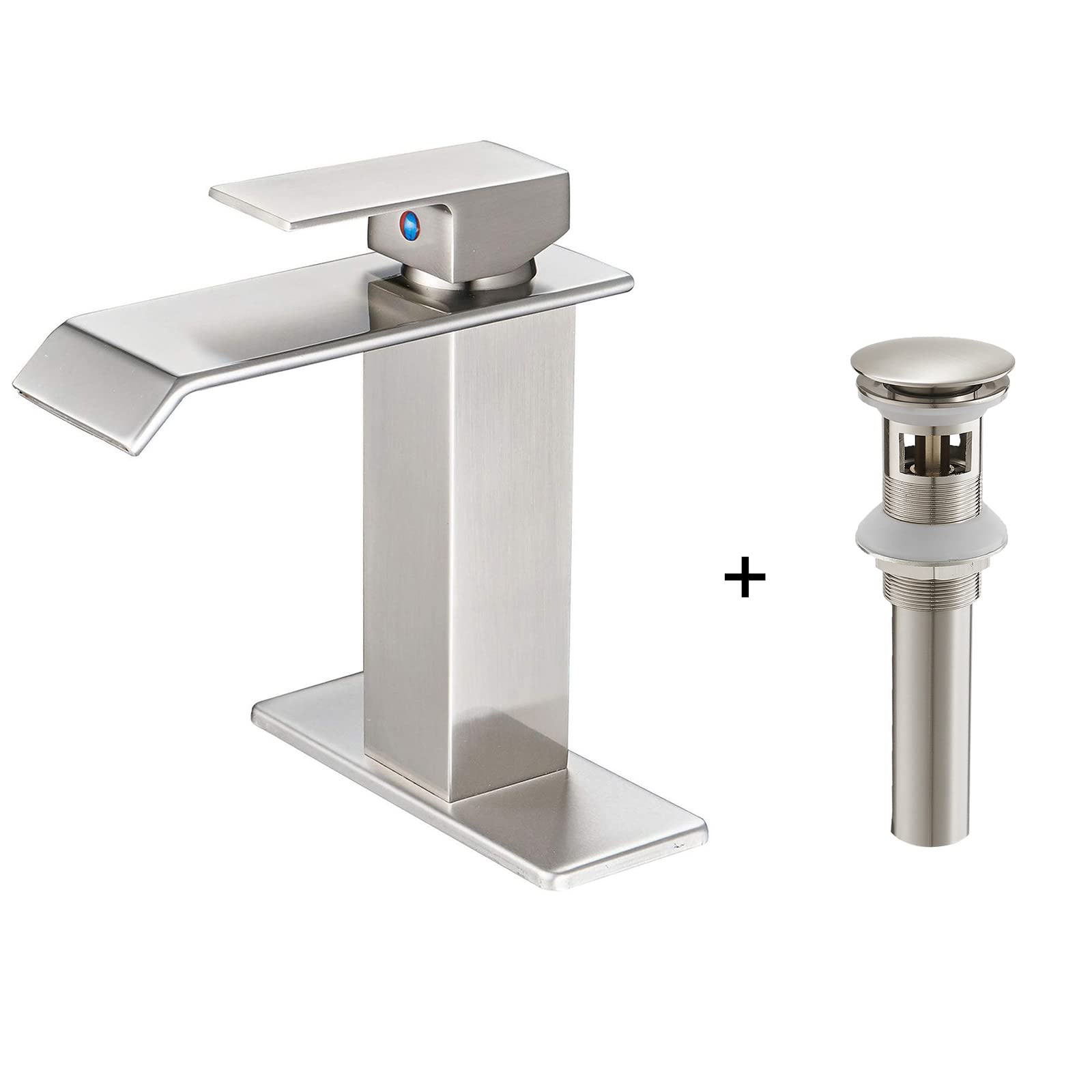 BWE Single Handle Bathroom Faucet Brushed Nickel - Waterfall Single Hole Bathroom Sink Faucet with Drain Stopper & Overflow - Perfect for Vessel Sinks, Vanities, and Modern Bathroom Upgrades