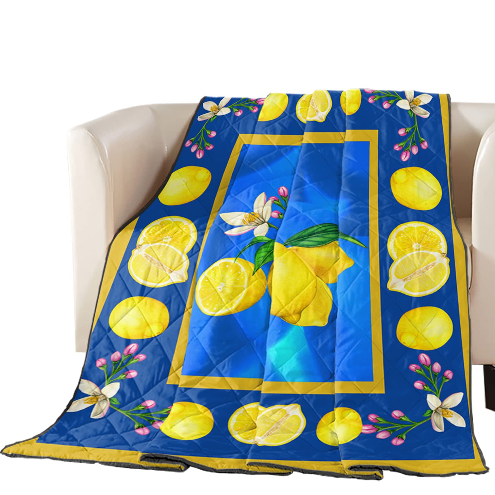 King Size Summer Lemon Flower Blue Quilted Blanket - All Season Breathable Bedspread, Soft Comforter Duvet Cover for Boys & Girls Room Decor | Perfect for Bedroom, Guest Room & Dormitory