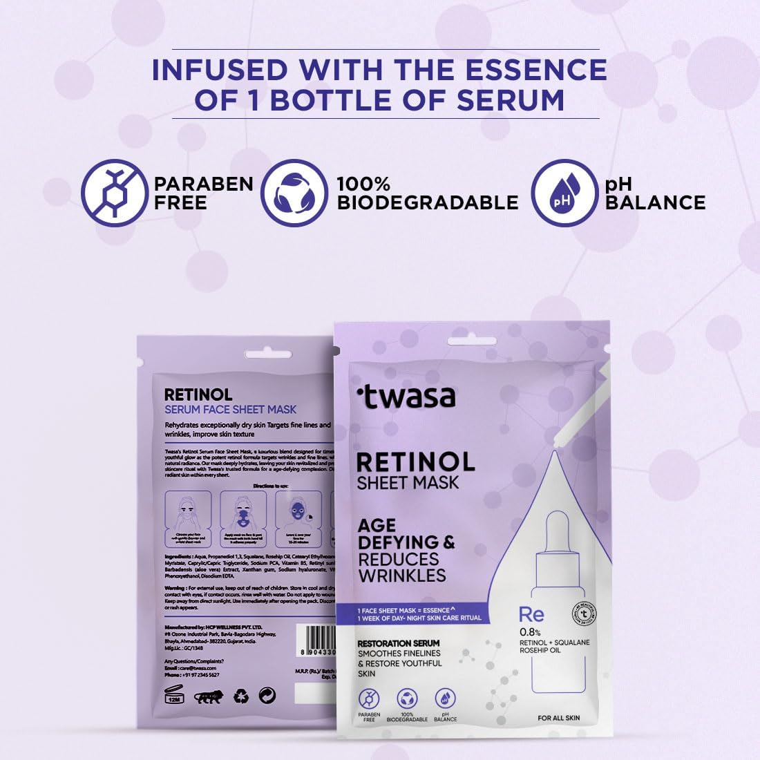 **Twa'sa Retinol Serum Face Sheet Mask - Anti-Aging, Brightening & Hydrating Treatment for Wrinkles, Dark Spots & Uneven Skin Tone | Boosts Collagen for Smoother Skin | Pack of 5 (20ml Each) | Perfect for Nighttime Skincare Routine & Travel Essentials**