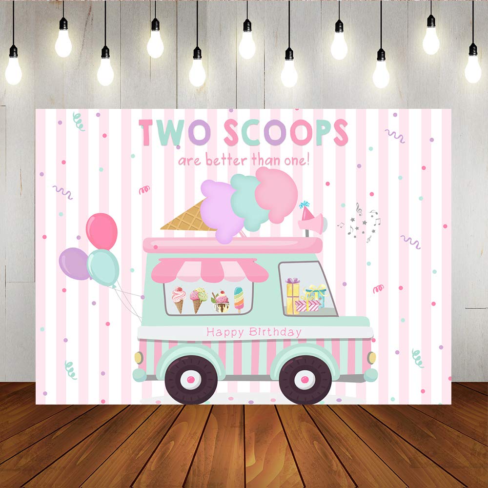 Lofaris Ice Cream Theme Party Backdrop - Pink Happy 2nd Birthday Decor for Girls, Princess Party Supplies, Two Scoops Are Better Than One Cake Table Banner (7x5ft) - Perfect for Birthday Celebrations, Baby Showers & Dessert-Themed Events