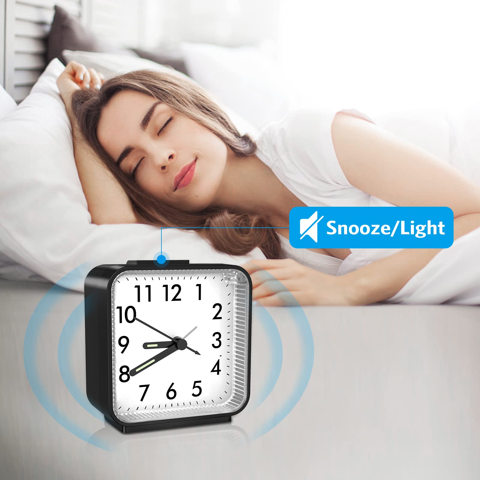 Brifit Silent Alarm Clock - Battery Powered Non-Ticking Bedside Clock with Luminous Hands, Large Display & Snooze Function - Perfect for Heavy Sleepers, Travel, Bedroom & Office Use - Easy to Read Black Clock with Night Light