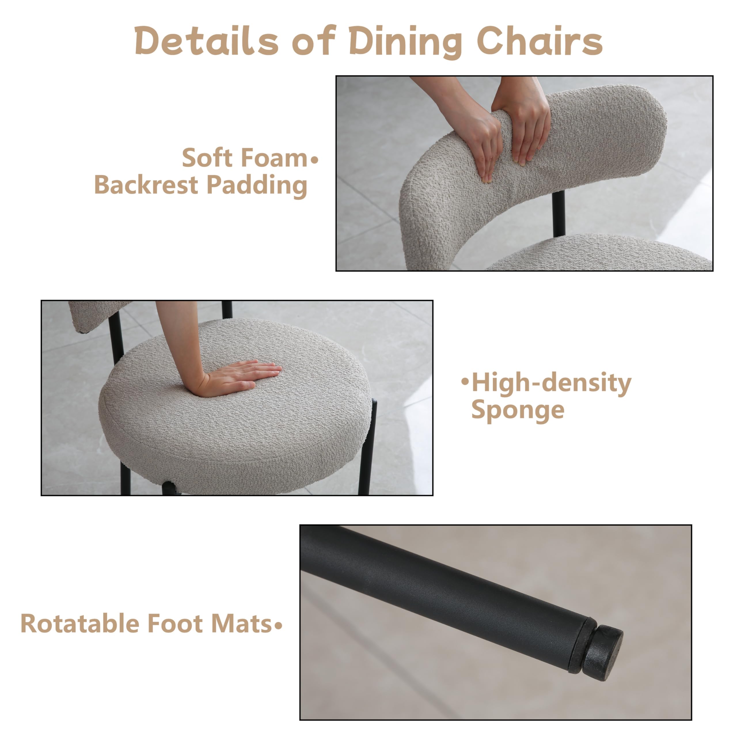 Light Grey Upholstered Boucle Dining Chairs Set of 2 - Mid-Century Modern Round Kitchen Chairs with Curved Backrest & Black Metal Legs - Perfect for Dining Room, Breakfast Nook & Small Space Decor