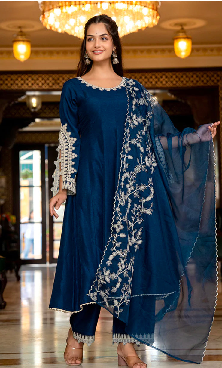Blue Silk Blend Anarkali Kurta Set for Women | Elegant Indian Ethnic Dress | Perfect for Weddings, Festivals & Special Occasions
