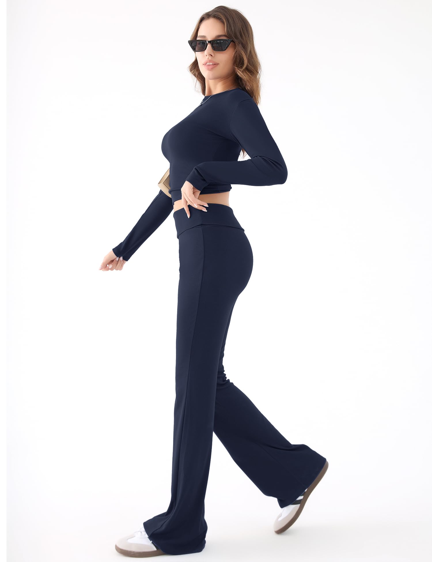 ZENWEI Women's 2-Piece Lounge Set - Long Sleeve Cropped Yoga Top & Fold-Over Flare Pants Matching Outfit | Comfortable Tracksuit for Yoga, Home, Workout & Casual Wear