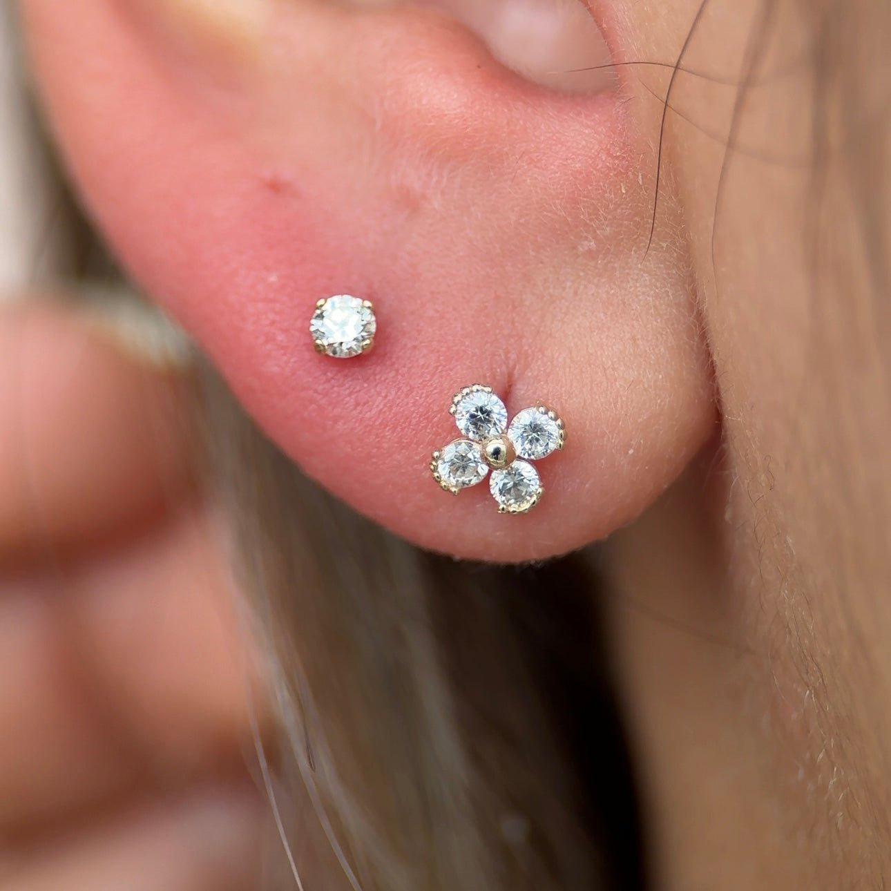 14k White Gold Beaded Four Petal Flower Diamond Flat Back Stud Earrings for Women - Perfect for Weddings, Parties & Everyday Elegant Wear