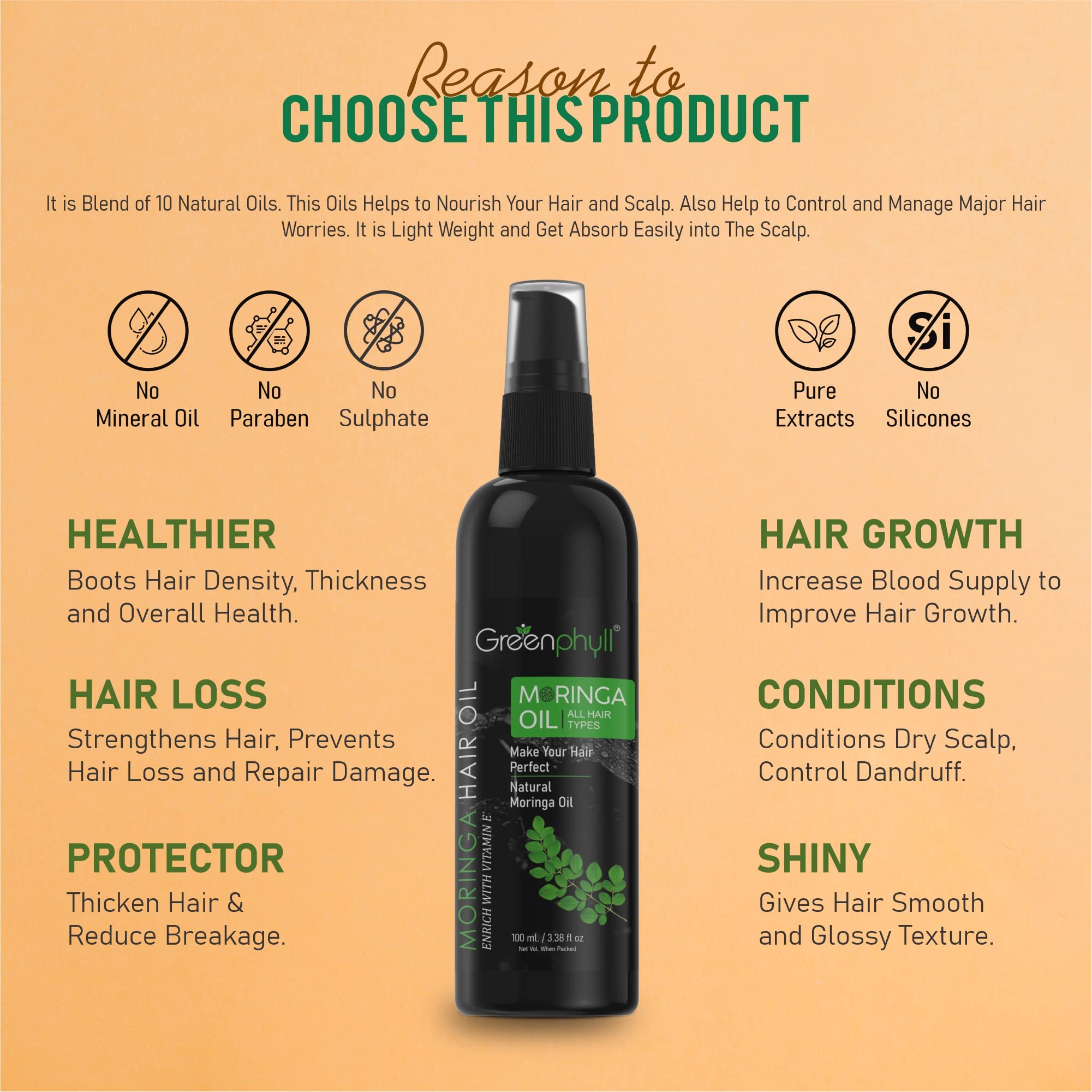 Organic Greenphyll Moringa Hair Oil with Natural Moringa Extract - Promotes Hair Growth & Reduces Hair Fall (100ml) - Perfect for Dry, Damaged Hair & Scalp Nourishment