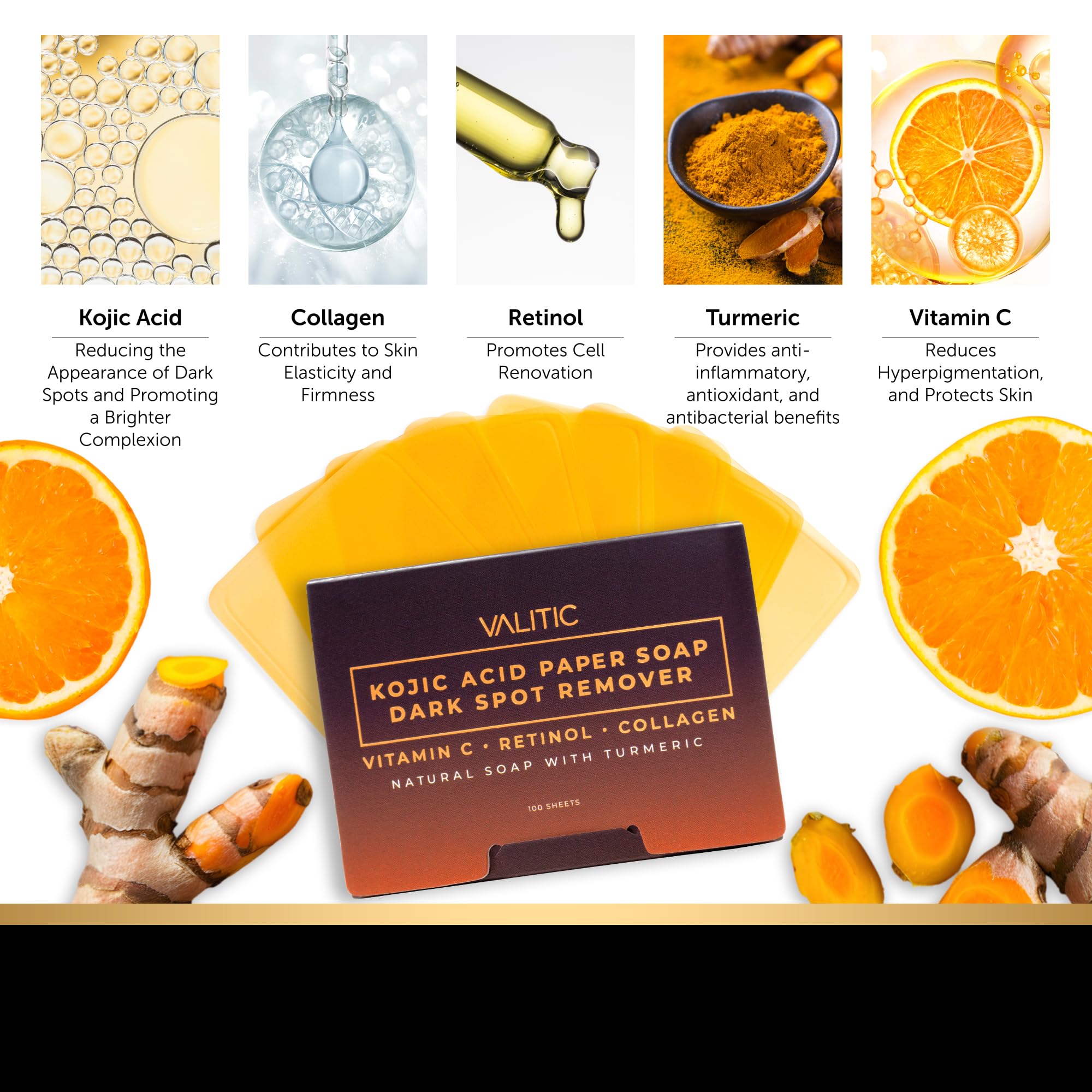 VALITIC Turmeric Kojic Acid Cleansing Soap Melting Sheets - Dark Spot Corrector & Brightening Paper Soap with Vitamin C, Retinol & Collagen - 100 Travel Size Facial Exfoliating Sheets (2 Pack) - Perfect for Travel, Gym & On-the-Go Skincare Routine