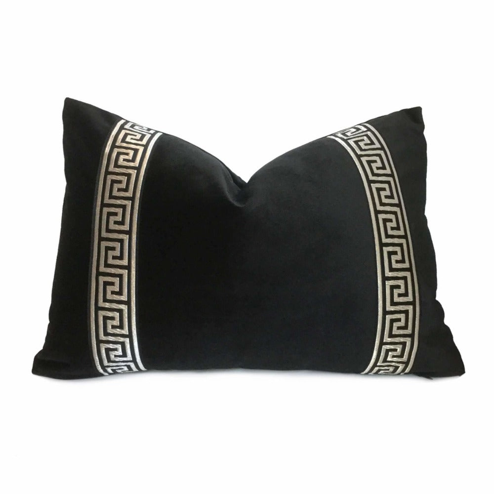Luxury Black Velvet Pillow Cover with Metallic Silver Greek Key Trim - Elegant Home Decor for Sofa, Bed & Living Room