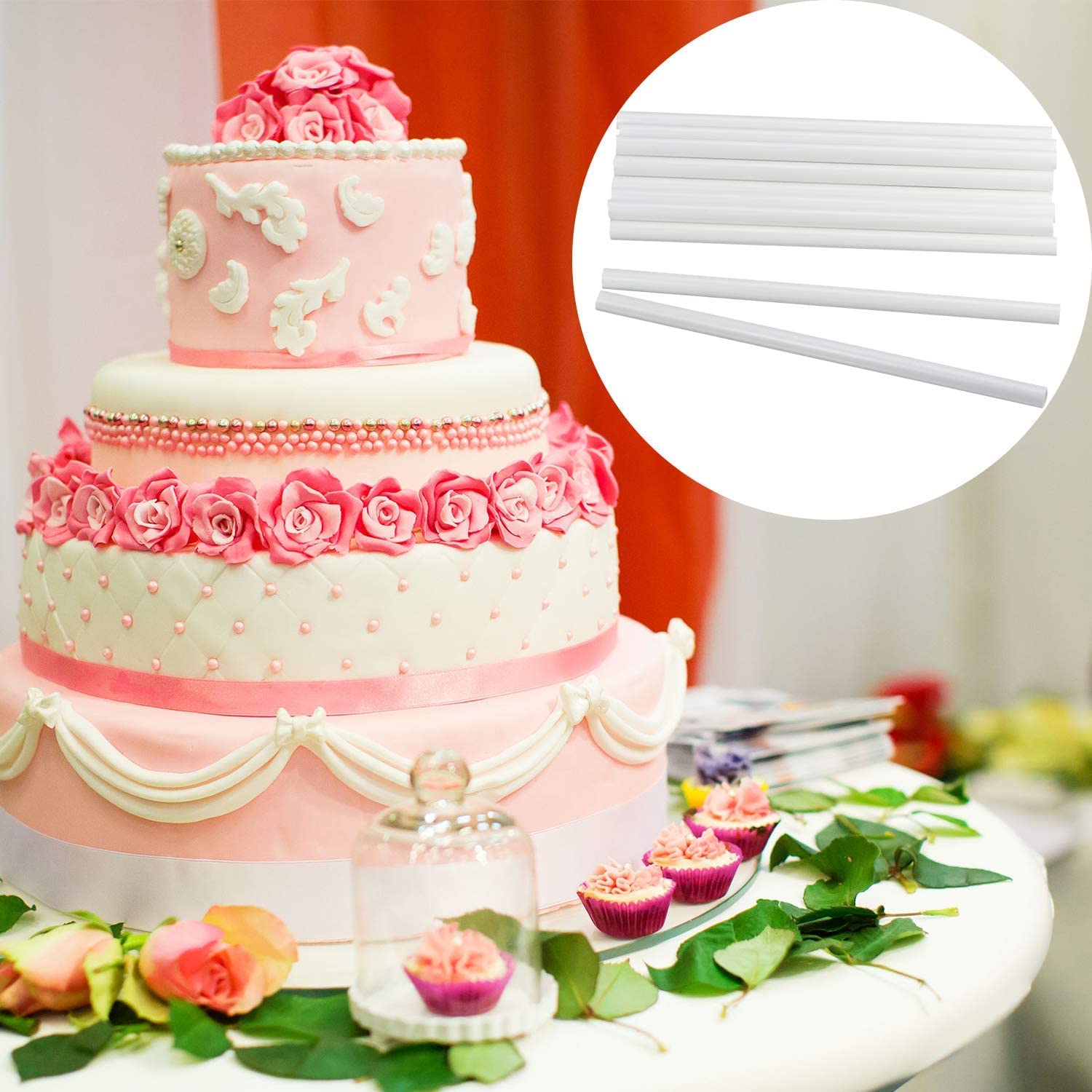 50 Pcs White Plastic Cake Dowel Rods for Tiered Cake Construction - 0.4 Inch Diameter, 9.5 Inch Length - Sturdy Cake Stacking Support for Wedding Cakes, Birthday Cakes, and Special Occasion Desserts