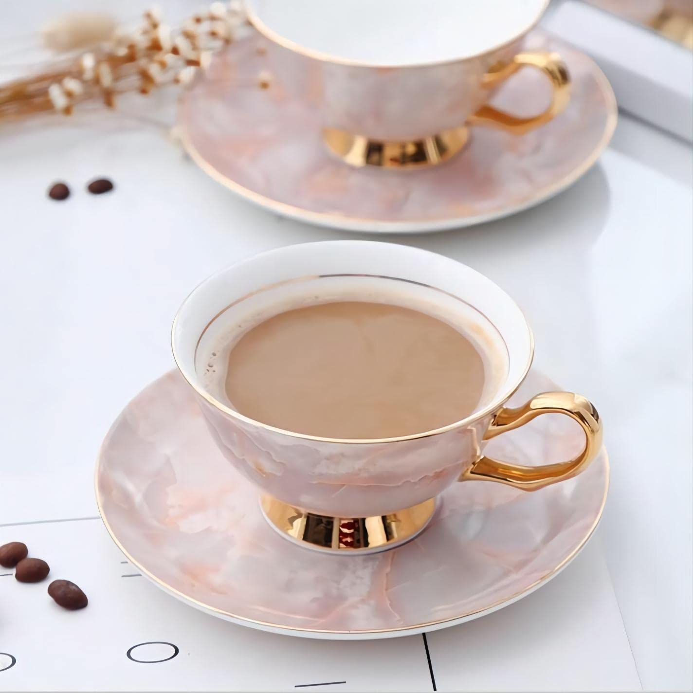 Premium 7 oz European Ceramic Bone China Coffee Cups Set of 2 with Saucers & Metal Holder - Ideal for Au Lait, Latte, Cafe Mocha, Tea & Cappuccino - Perfect Mother's Day Gift in Elegant Pink - Great for Home, Office, Coffee Shops & Gifting