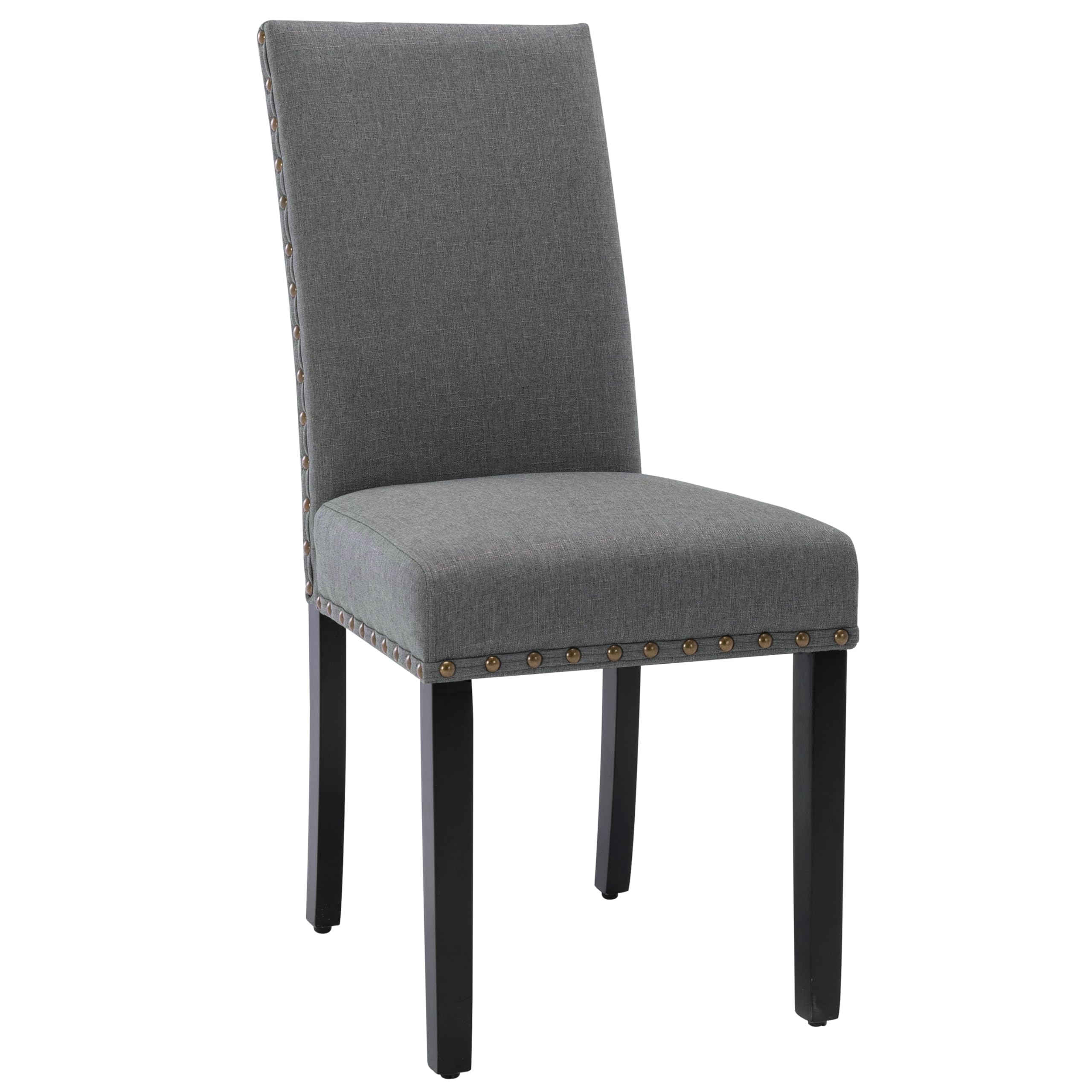 LSSBOUGHT Set of 2 Grey Upholstered Dining Chairs with Studded Nailhead Trim & Sturdy Wooden Legs - Elegant Parson Chairs for Dining Room, Kitchen, or Home Office