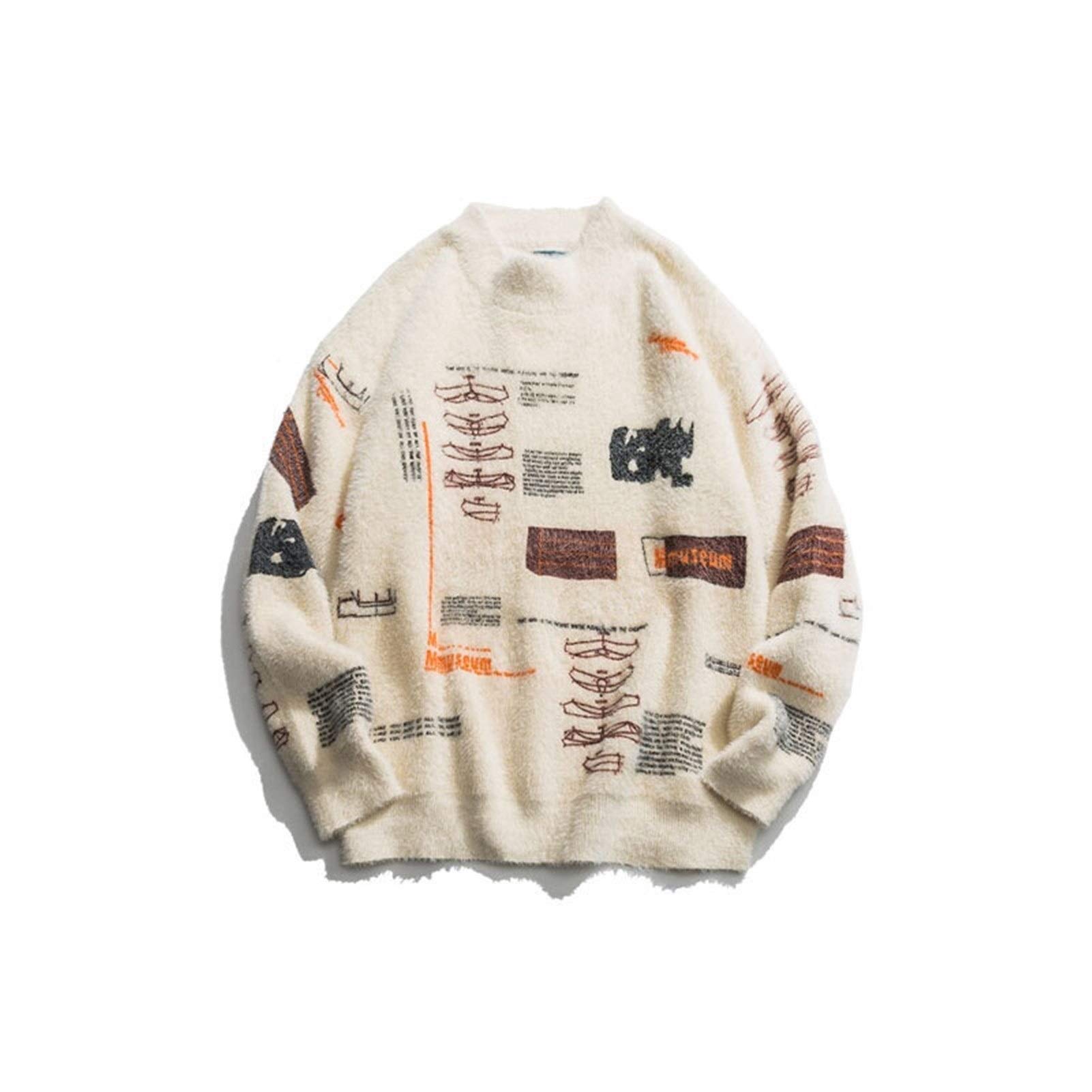 ZZYLHS Men's Graffiti Knit Pullover Sweater - Streetwear Long Sleeve Turtleneck Jumper for Casual Wear | Warm Winter Knitwear (Khaki, Size L) | Perfect for Urban Fashion, Street Style & Cold Weather Outfits