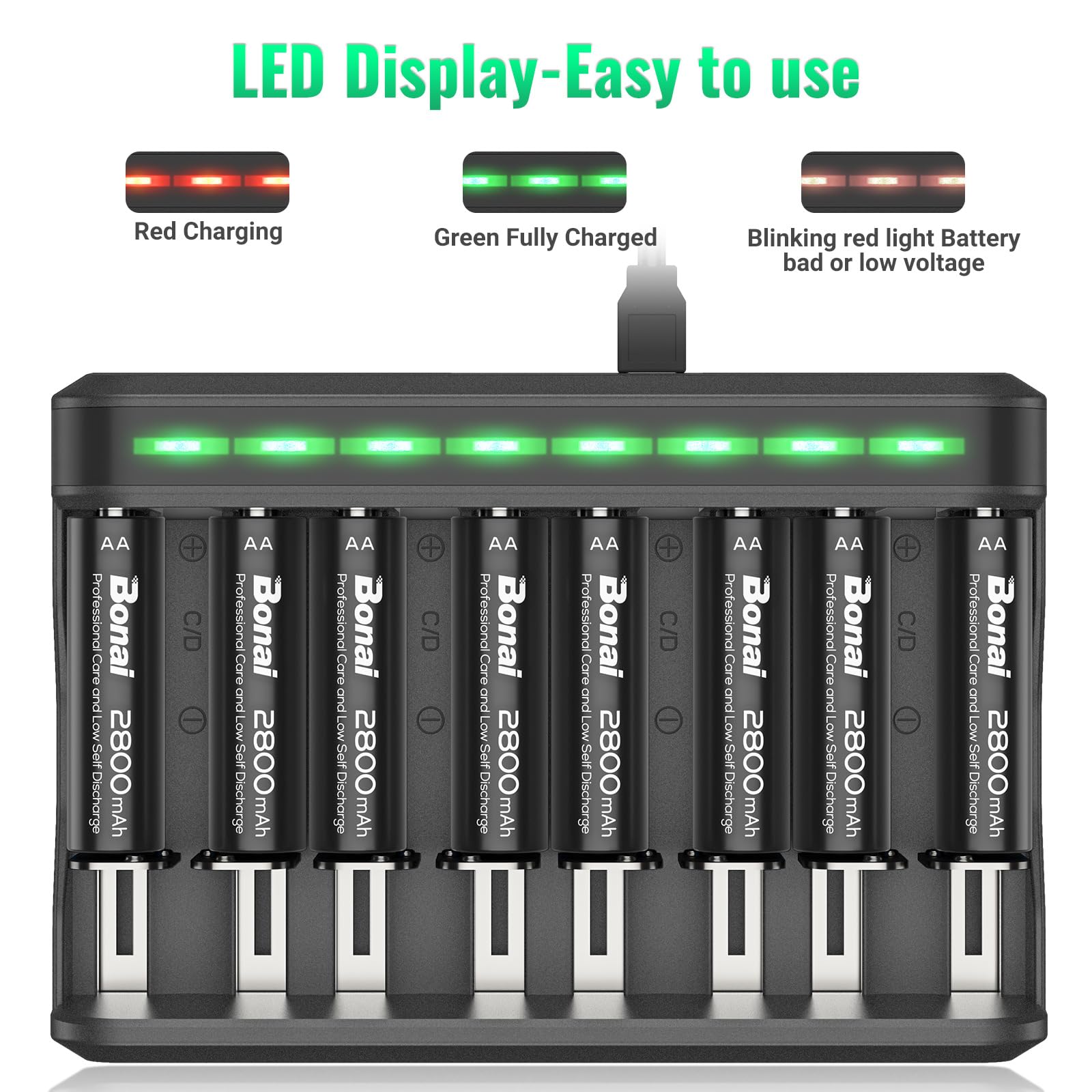 BONAI 8-Pack 2800mAh Rechargeable AA Batteries with Independent Slot Charger - Compatible with AA AAA C D NiMH Batteries - Perfect for Cameras, Toys, Flashlights & Electronics