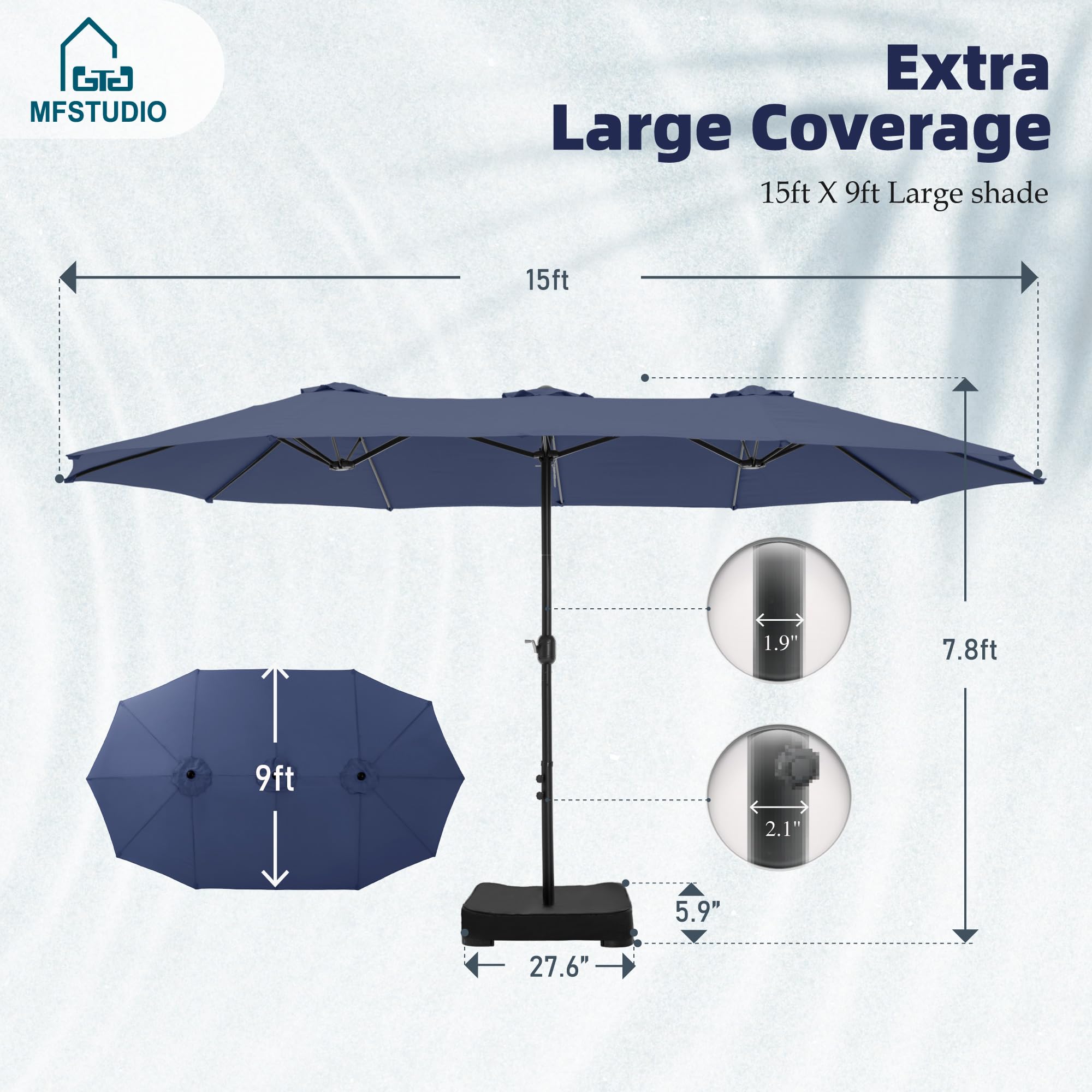 MFSTUDIO 15ft Double Sided Rectangular Patio Umbrella with Heavy Duty Base - Outdoor Market Umbrella with Easy Crank Handle for Deck, Pool, Garden, Restaurant & Backyard Shade - Perfect for Sun Protection and Outdoor Relaxation