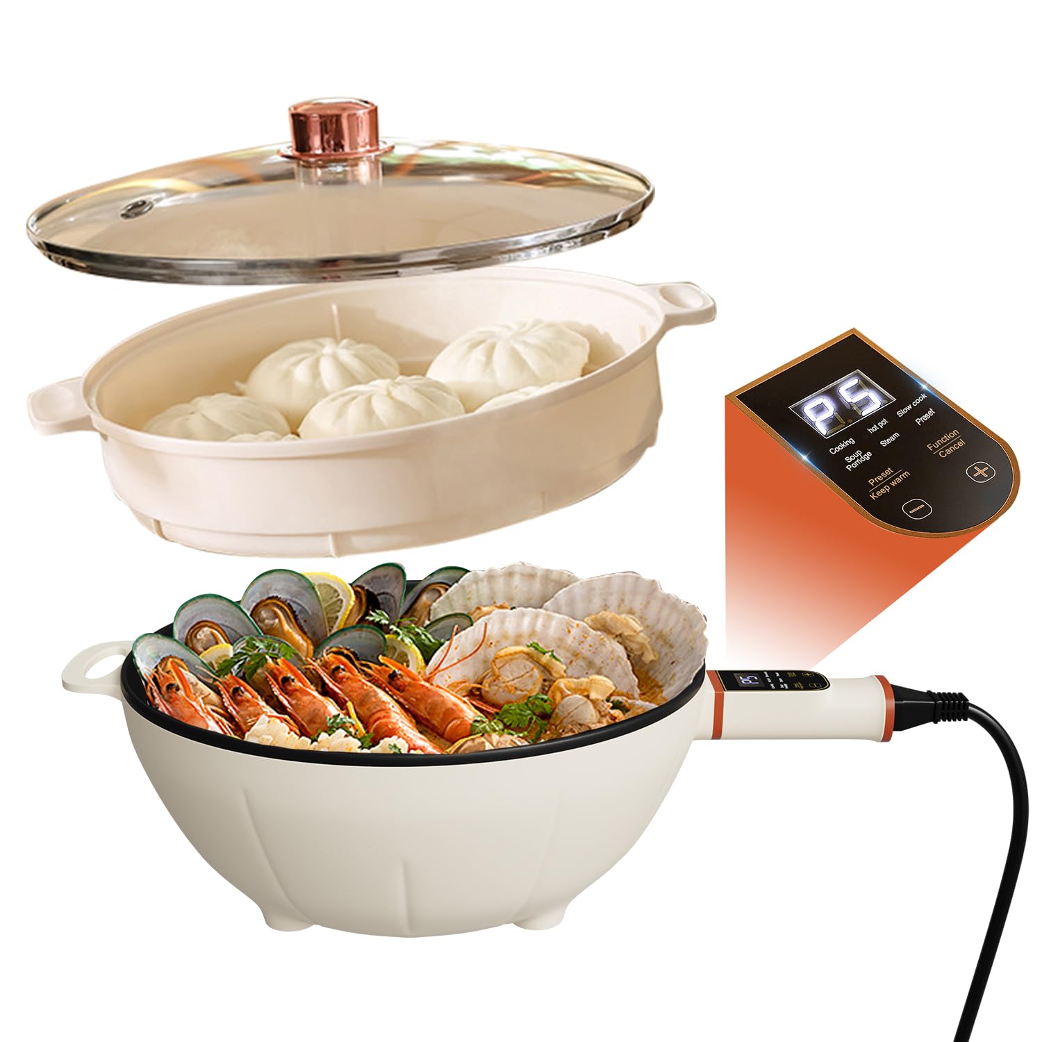 4L Smart Electric Hot Pot with 4.33-Inch Handle, 1000W Power – Multifunctional Cooker with Timer & Auto Shut-Off for Hot Pot, Stew, Soup, Pasta, Frying | Perfect for Dorm, Office, Camping & Family Cooking