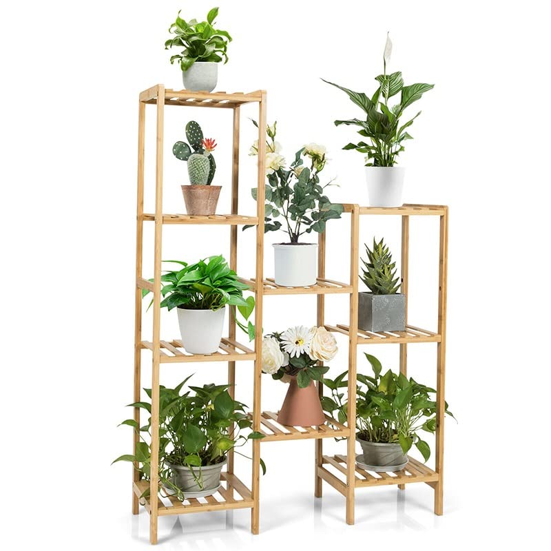 Bamboo 9-Tier Plant Stand - Indoor Outdoor Free Standing Storage Rack & Display Shelving for Garden, Balcony, Patio, Living Room - Natural Color - Perfect for Organizing Plants, Books & Decorative Items
