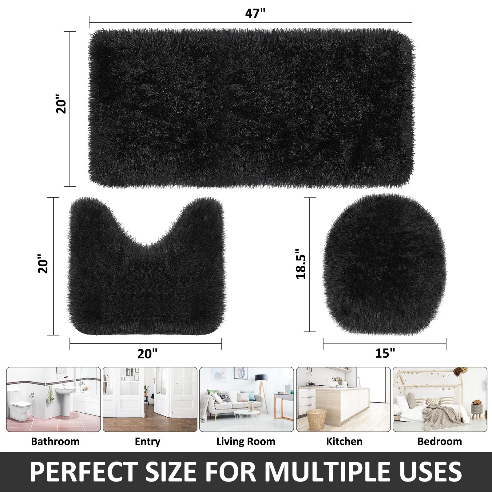 3-Piece Plush Bathroom Rug Set - Non-Slip, Machine Washable for Toilet & Shower Areas