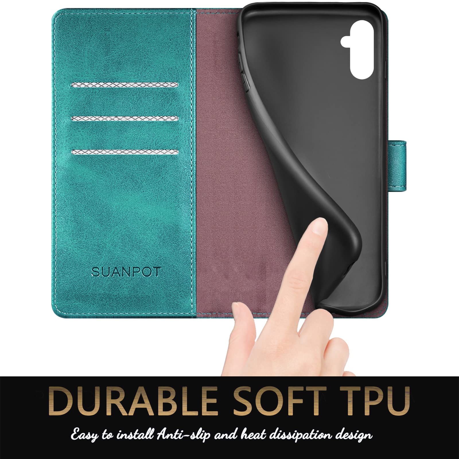 SUANPOT Samsung Galaxy A14 5G Wallet Case with RFID Blocking & Credit Card Holder - PU Leather Flip Book Protective Cover for Women & Men (Blue/Green) - Perfect for Daily Commute, Travel & Contactless Payments