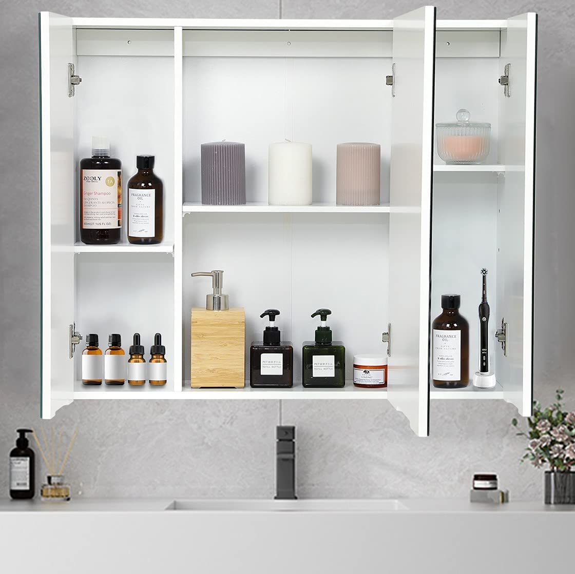DICTAC 3-Door Medicine Cabinet with Mirror - 27.6x23.62 Inch Bathroom Wall Storage Organizer, Adjustable Shelves, White - Perfect for Bathroom, Bedroom & Vanity Organization