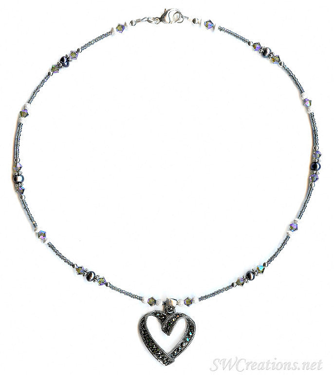 Marcasite Crystal Heart Pearl Necklace for Women - Elegant Vintage Jewelry Gift for Valentine's Day, Anniversary & Special Occasions