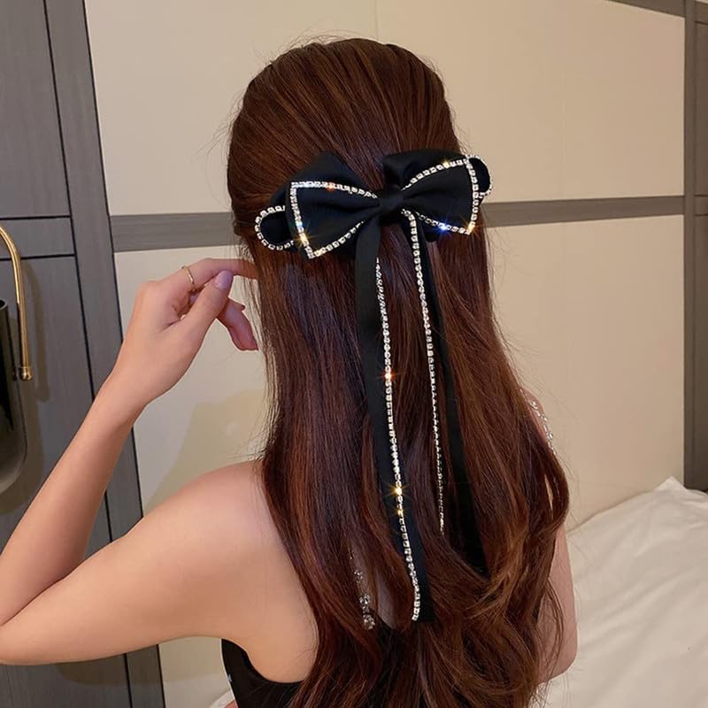 FAMEZA Large Rhinestone Bow Hair Clip with Tassel - Elegant French Design Barrettes for Women & Girls (Black) | Perfect for Weddings, Parties & Everyday Fashion Accessories