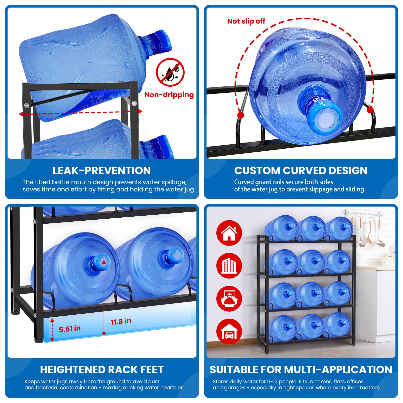 Heavy Duty 4-Tier 5 Gallon Water Jug Holder - Sturdy Storage Rack for 12 Bottles Without Wobbling - Upgraded Thickened Design for Home, Office, Kitchen, Warehouse & Garage (Black) - Perfect for Water Bottle Organization in Pantries, Break Rooms and Emergency Preparedness