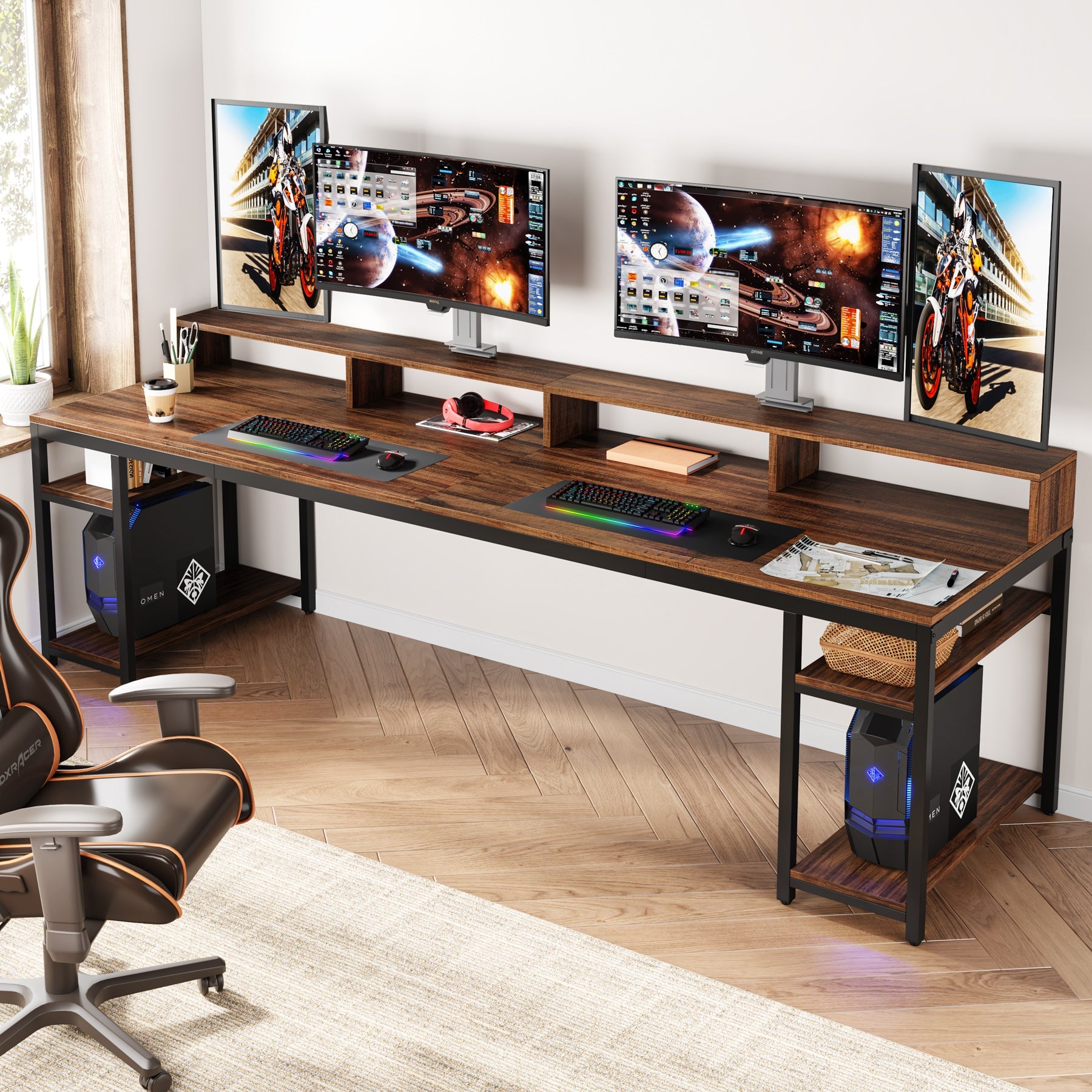 Two Person Desk - 78.7 Inch Large Computer Desk with Monitor Stand & 4 Open Shelves for Home Office, Gaming Setup, and Workspace Organization