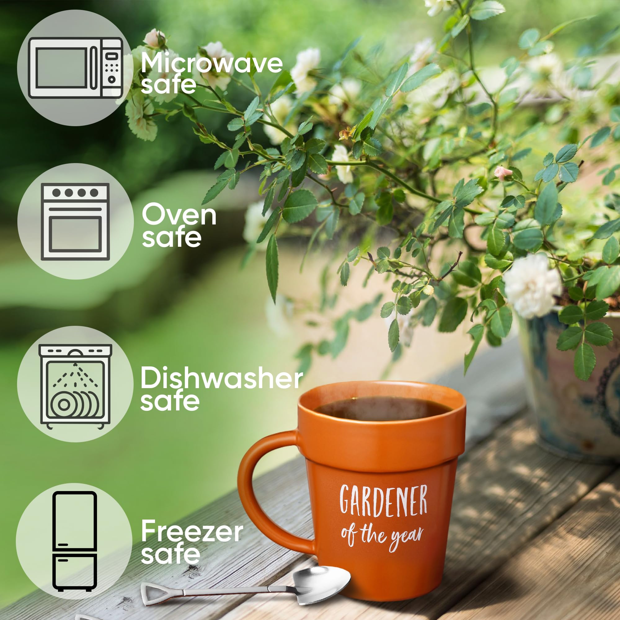 VELENTI Funny Gardener Coffee Mug with Shovel Spoon - Unique Plant Pot Shaped Mug for Men & Women - Perfect Gardening Gift for Dad's Birthday or Mom's Christmas - Ideal for Coffee Lovers & Plant Enthusiasts (Great for Home, Office or Garden Use)