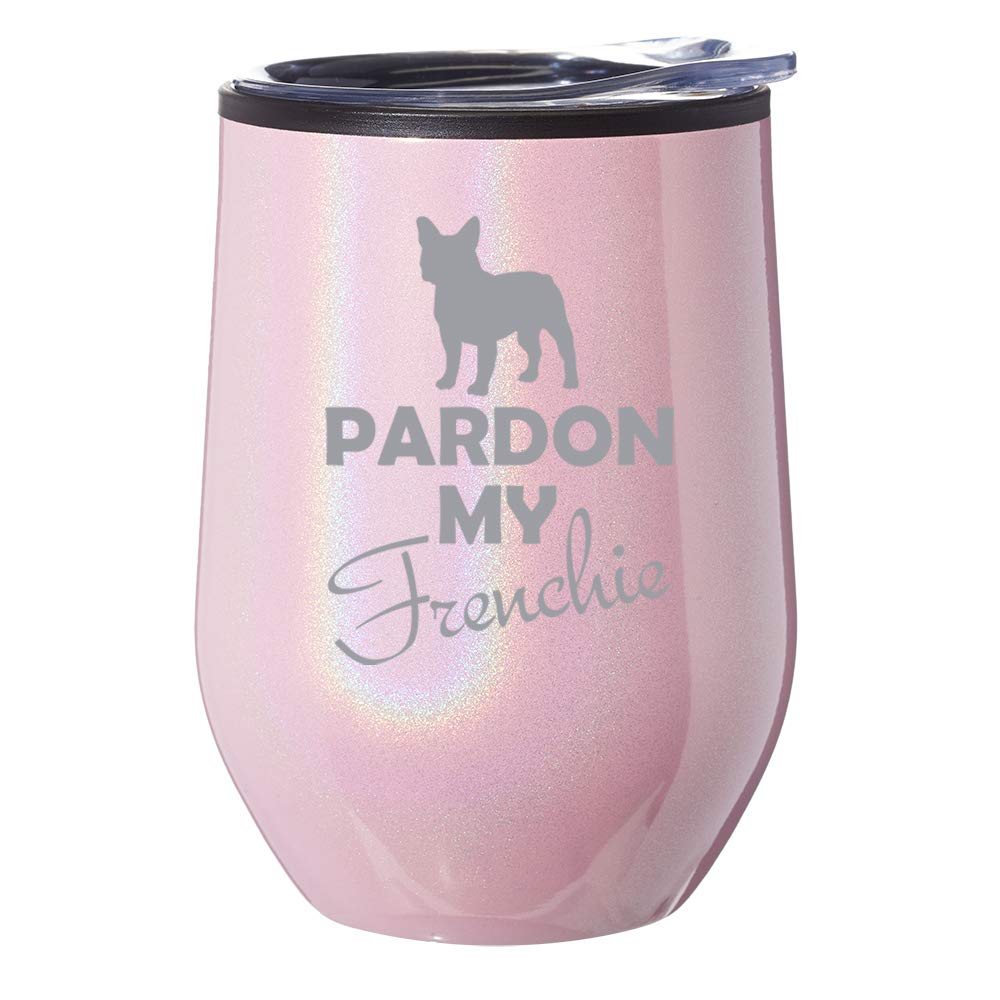 Stemless Wine Tumbler & Coffee Travel Mug with Lid - French Bulldog Design (Pink Iridescent Glitter) | Insulated Glass Cup for Hot/Cold Drinks | Perfect for Home, Office, Travel & Gifts