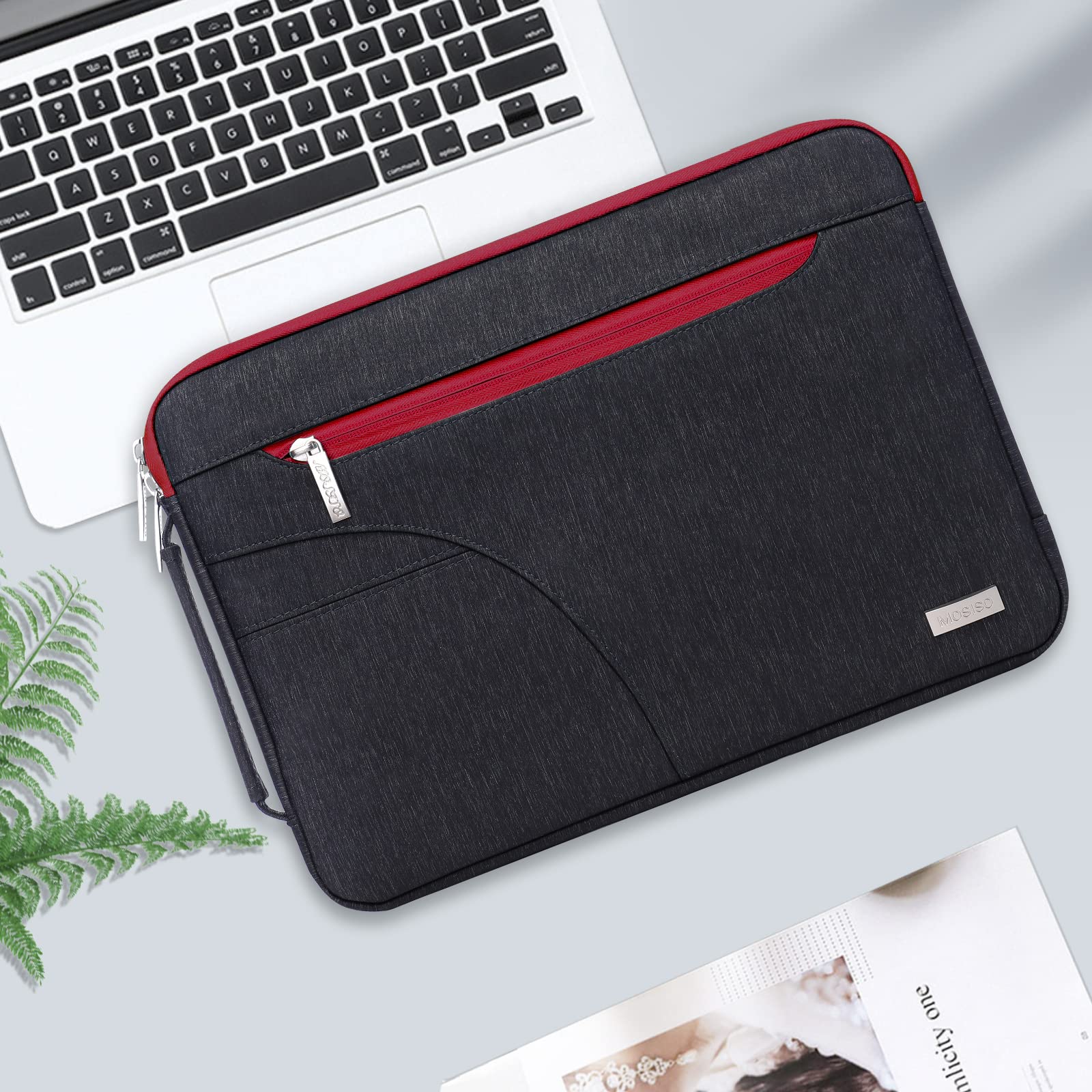 MOSISO Laptop Shoulder Bag for MacBook Air/Pro 13-13.3 inch & MacBook Pro 14 inch M3 M2 M1 (2021-2023) - Durable Polyester Briefcase with Front Arc Pocket (Red) - Perfect for Business, Travel & Daily Commute