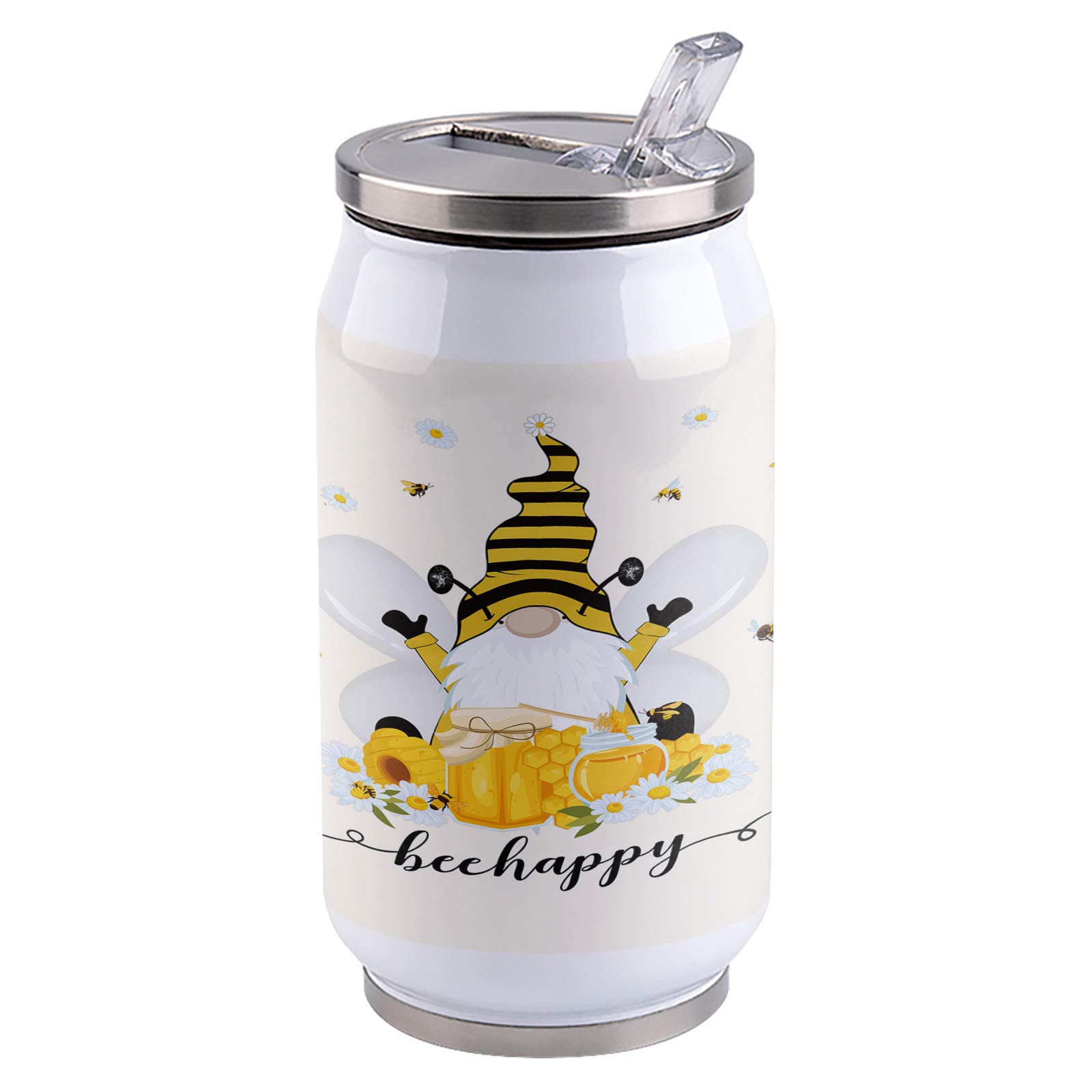 14oz Stainless Steel Tumbler with Lid & Straw - Double Wall Vacuum Insulated Travel Mug, Cute Bee Gnome Design Water Bottle for Hot & Cold Drinks - Perfect for Coffee, Tea, Juice - Ideal for Office, Gym, Hiking, Camping and Outdoor Activities