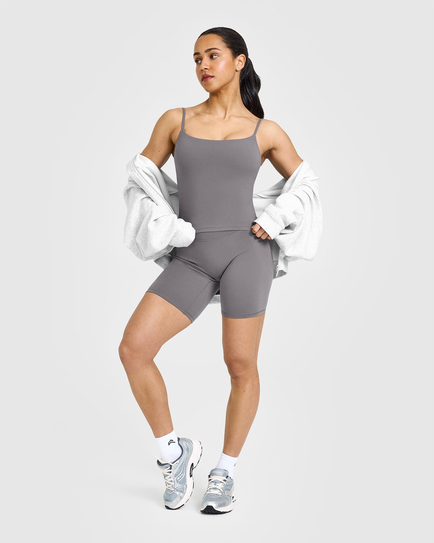 SoftMotion™ Strappy Mid Vest with Built-in Bra Shelf - Ash Grey | Comfortable Workout Top for Yoga, Running & Gym | Women's Activewear