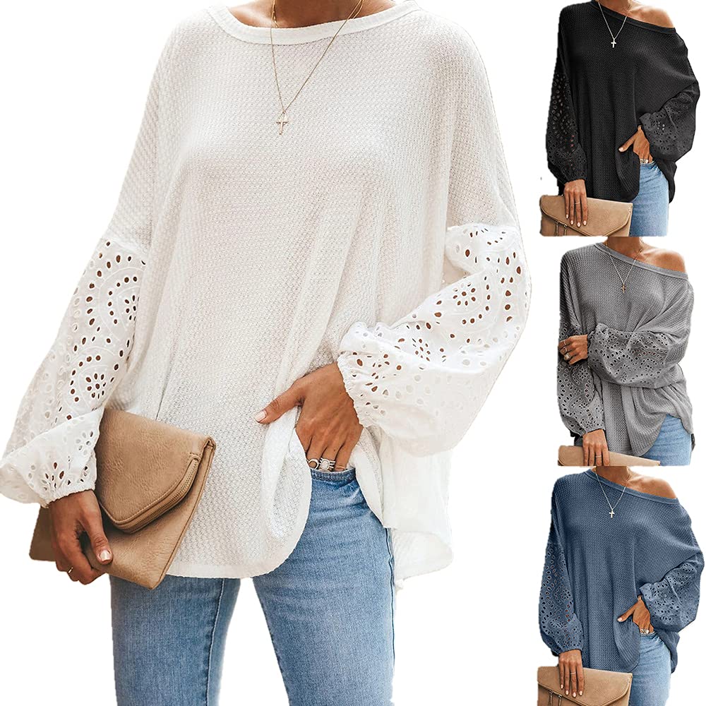 Janepam Women's Knitted Waffle Sweater - Plus Size Solid Color Bishop Sleeve Top with Embroidered Hollow Design | Casual Loose Fit Jumper for Fall & Winter Layering