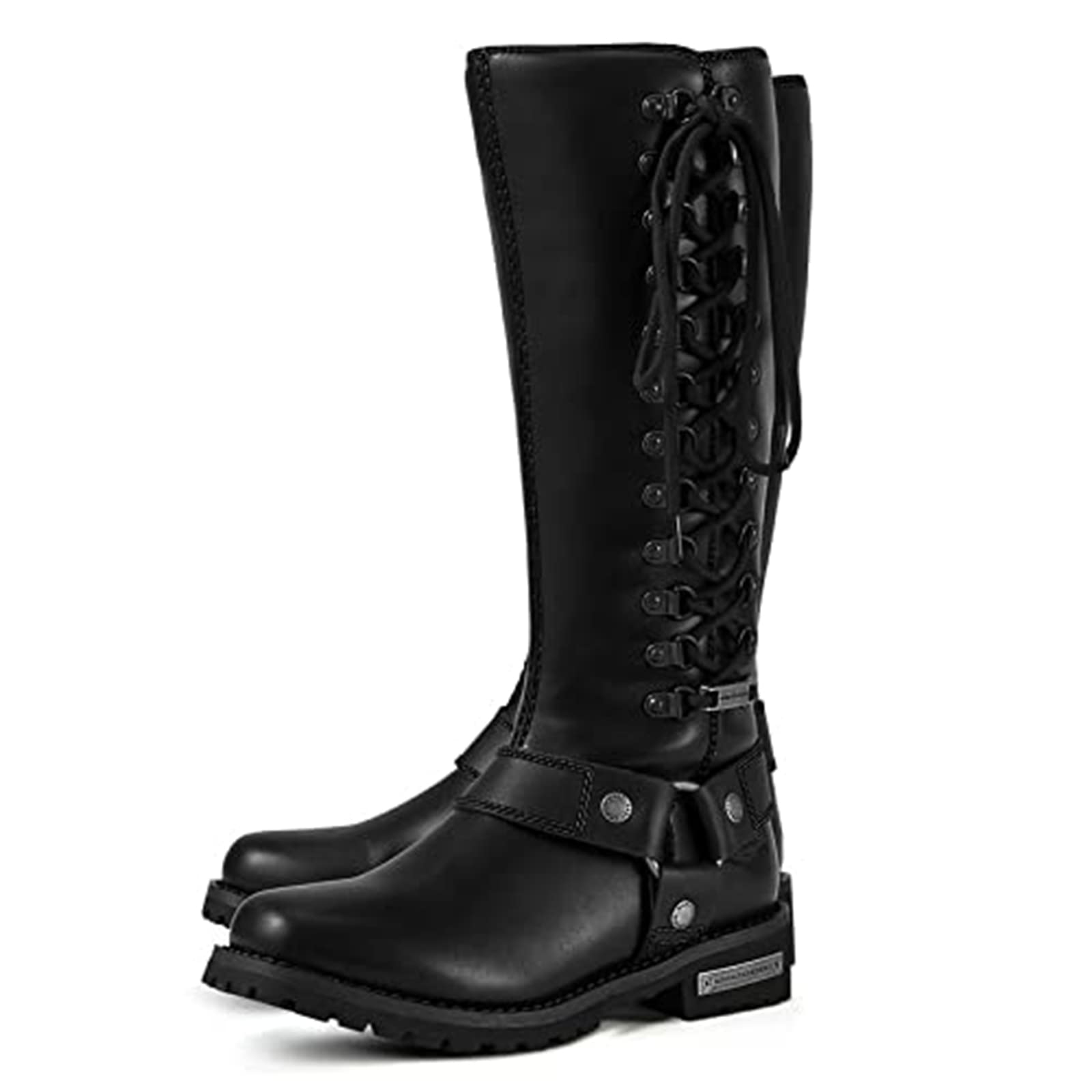 **Dream Apparel Women's Motorcycle Riding Boots – Square Toe Biker Boots, Knee High Lace-Up with Side Zipper, Black PU Leather Boots for Ladies – Perfect for Motorcycle Riding, Biker Events & Fashion Outfits**