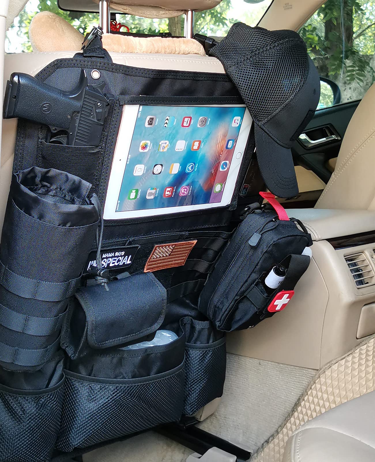 Upgrade Tactical MOLLE Car Back Seat Organizer - 14 Multi-Pockets & 4 Detachable Pouches for Trucker Hat, Medical Kit, Water Bottle & EDC Gear - Durable Vehicle Storage Solution for Camping, Road Trips & Emergency Preparedness
